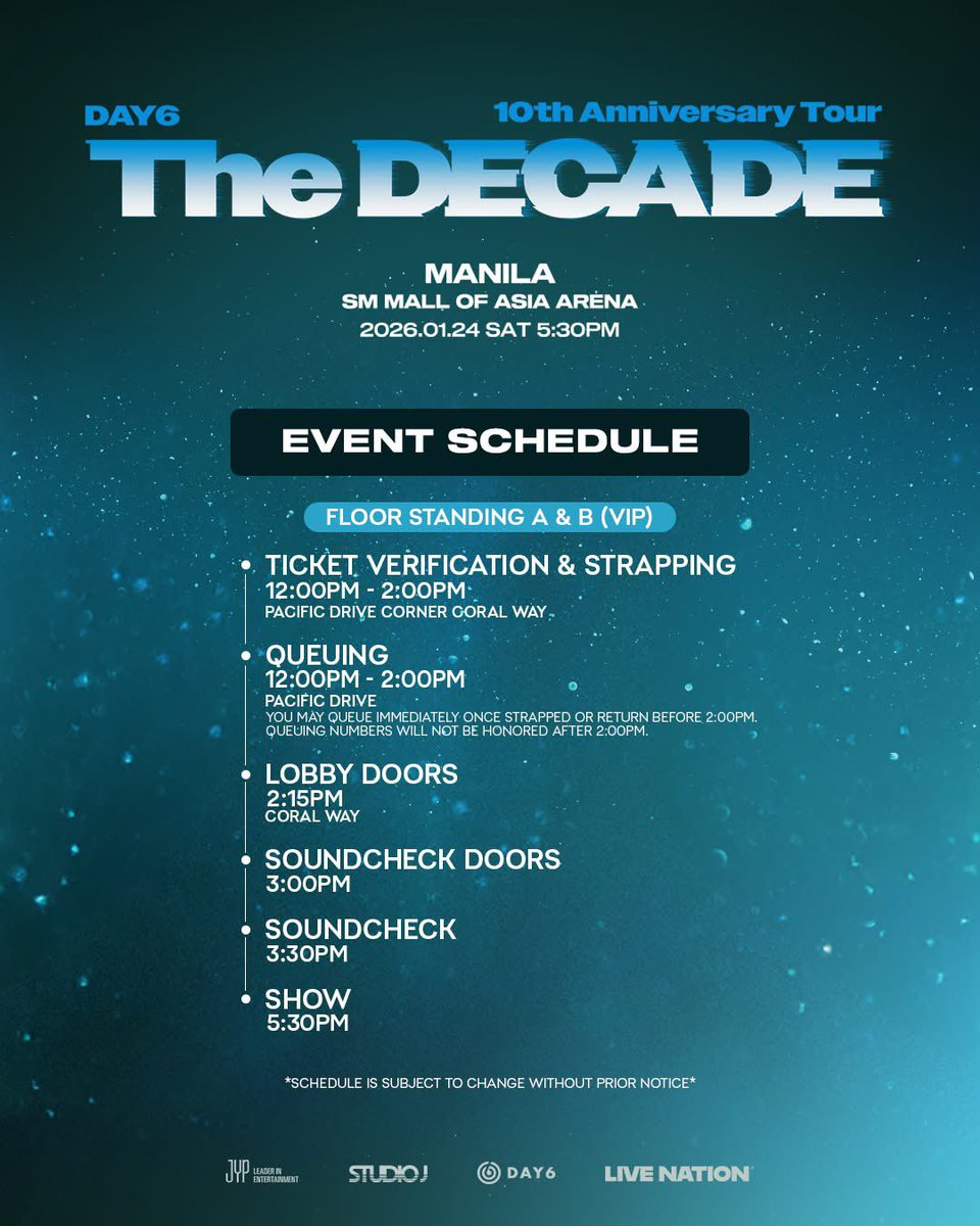 livenationph's tweet image. MyDay, check out the event schedule and venue map to plan your concert day accordingly 💚

📌 Floor Standing A &amp;amp; B (VIP) ticketholders, queuing link will be posted soon. 

#DAY6 #데이식스
#DAY6_10th_Anniversary_Tour
#The_DECADE