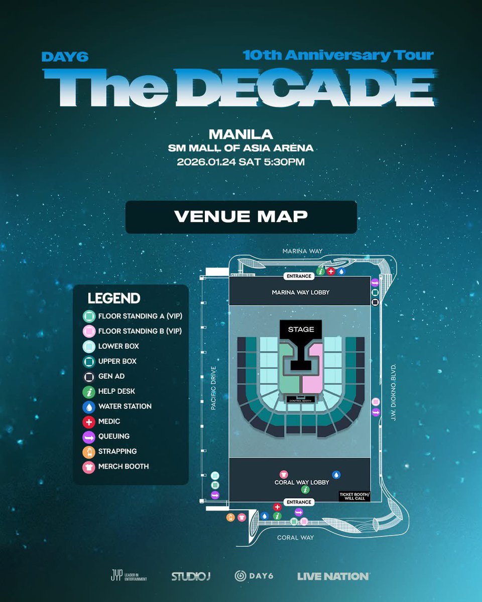livenationph's tweet image. MyDay, check out the event schedule and venue map to plan your concert day accordingly 💚

📌 Floor Standing A &amp;amp; B (VIP) ticketholders, queuing link will be posted soon. 

#DAY6 #데이식스
#DAY6_10th_Anniversary_Tour
#The_DECADE