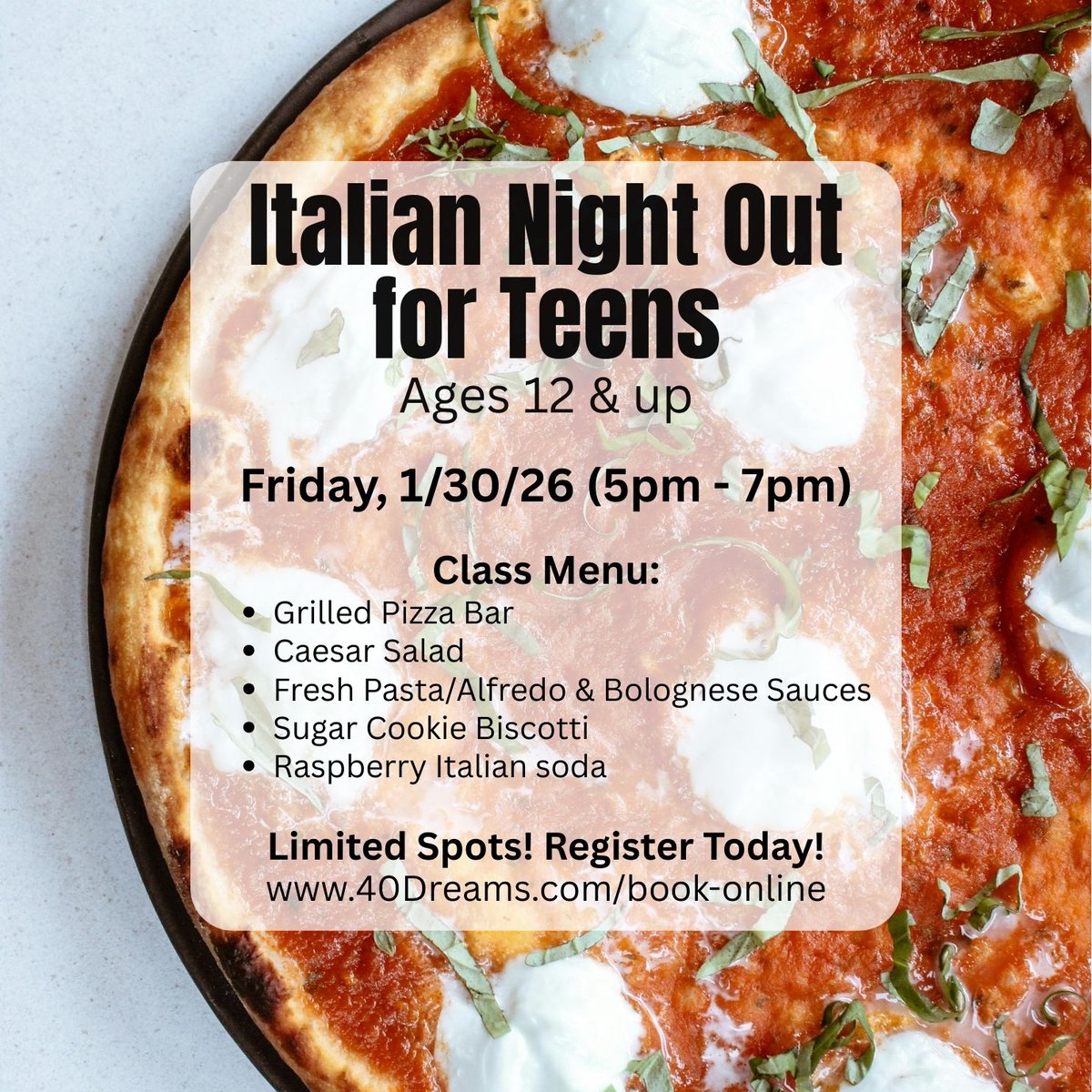 Coming up next, Italian Night Out for Teens with Chef Diane Marino.
Friday, 1/30/26 (5pm - 7pm) 
Kids Class (Ages 12 &amp; up)

Don't hesitate! Register now!
40Dreams.com/book-online

#CookingThymeWestfield
#TweenClassNJ
#TeenCookingClass
#KidsCookingClassesNJ
#ItalianCookingClass