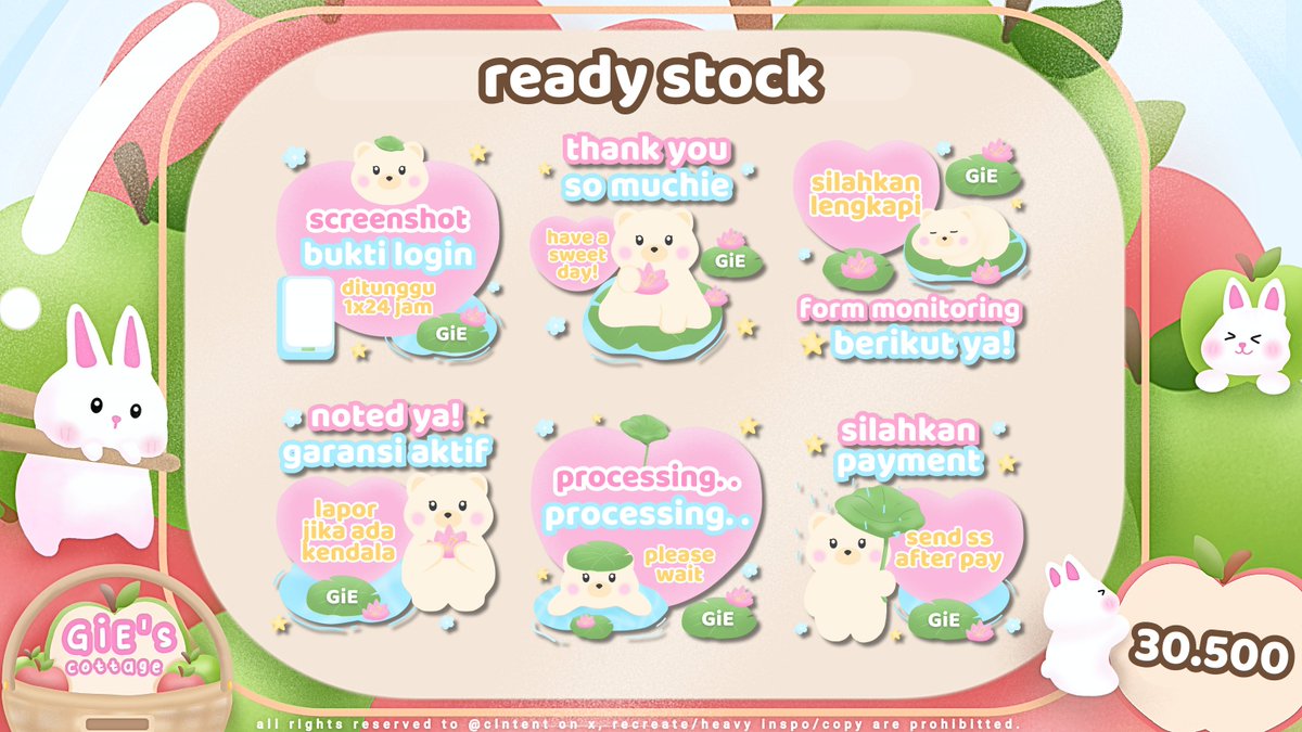 clntent's tweet image. any retweet are appreciated♡

hi GiE bawa 6 READY STOCK stiker pack BA yg bisa ditake dari sekarang, all hand drawn &amp;amp; get all PNG🪷

pack 6 sticker : 30.500 (4)
pack 4 sticker : 20.500 (2)

yg mau req stiker juga bisa kindly hmu, KHUSUS 2 pembeli pertama FREE RETEXT 3 STICKER🫰🏼