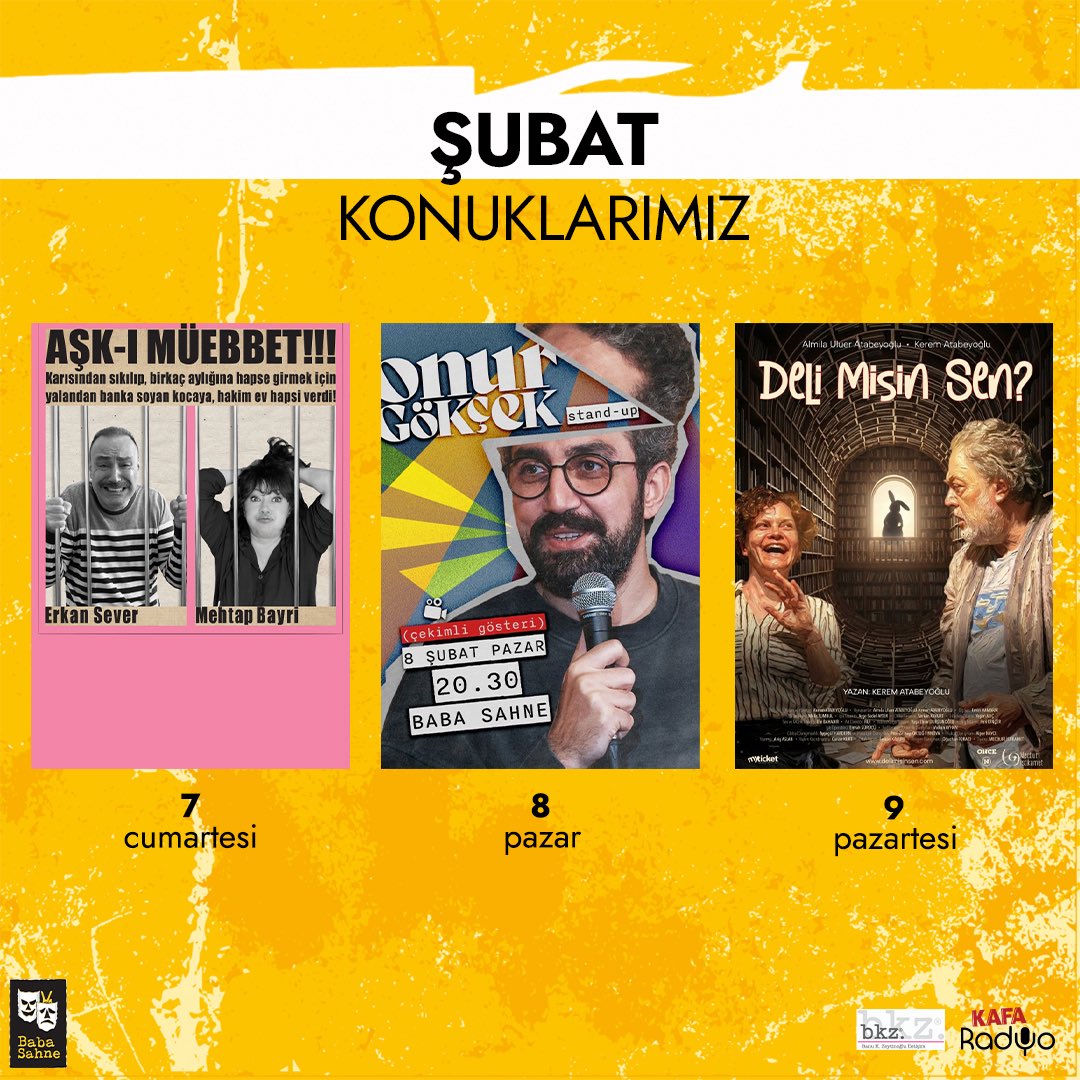 babasahne's tweet photo. ŞUBAT KONUKLARIMIZ 🎭
Biletler https://t.co/gj8vaCC4ao ve gişede!
☎️ 0216 700 11 11
🔎 https://t.co/Qvf2YflkD8
#BabaSahne #BabaTakvim #ŞubatKonuklarımız https://t.co/IUBgBrgOWf