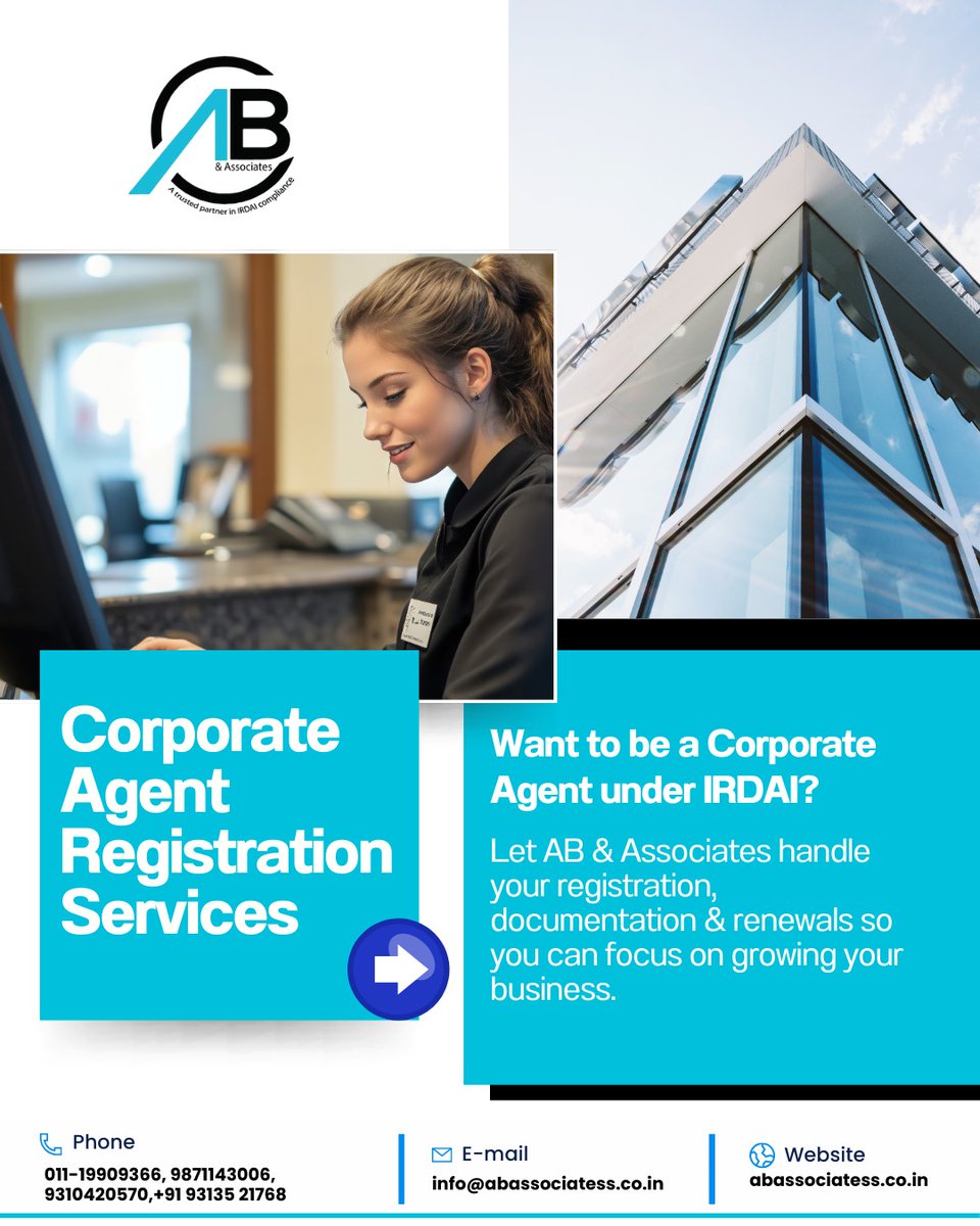 ab_associates1's tweet photo. Corporate Agent Registration Services

#CorporateAgent #CorporateAgentRegistration #IRDAICompliance #InsuranceIntermediary #InsuranceServices #RegulatorySupport #BusinessGrowth #ABAssociates #ComplianceExperts https://t.co/TgRfqow1zu