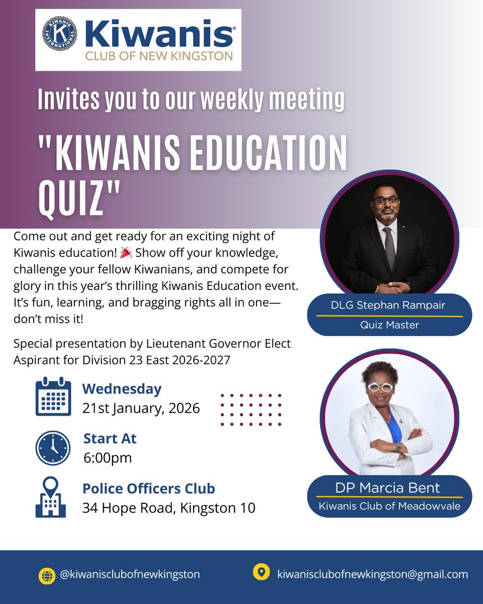 *President Veronica Taylor-Smellie* is inviting you to a hybrid meeting.

Topic: *Kiwanis Education Quiz*
Date/Time: Jan 21, 2026 06:00 PM Bogota

Join Zoom Meeting
us06web.zoom.us/j/86704332996?…

Meeting ID: 867 0433 2996
Passcode: 089799