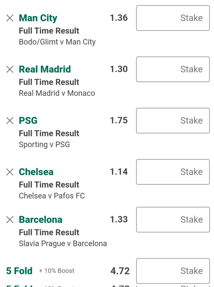 CHAMPIONS LEAGUE 🏆 

Acca @ 4.72

Tuesday/Wednesday
