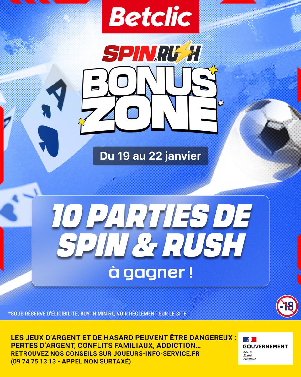 Betclic's tweet image. ♠️ ENVIE DE TESTER LA NOUVELLE BONUS ZONE  ? 

On offre 10 parties de Spin &amp;amp; Rush pour que tu puisses tenter ta chance !🔥

🍀 Pour participer : RT + ton pseudo et #BonusZoneBetclic en commentaire