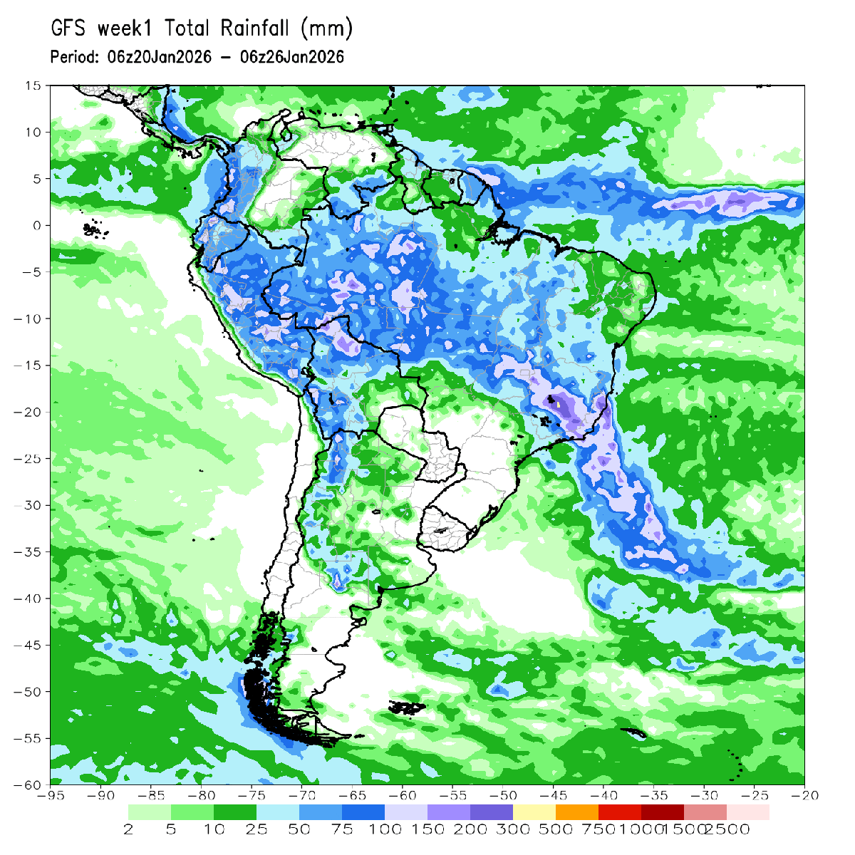 #Pronóstico de lluvia acumulada, según #GFS, de MAR20 a DOM25ene sobre Sudamérica. NO se esperan lluvias sobre #Paraguay, Sur #Brasil (S.Catarina y Rio Grande Sul), #Uruguay y E #PBSAS en #Argentina. Las escasas lluvias sobre el altiplano y La Pampa en #Argentina 10-75 mm.