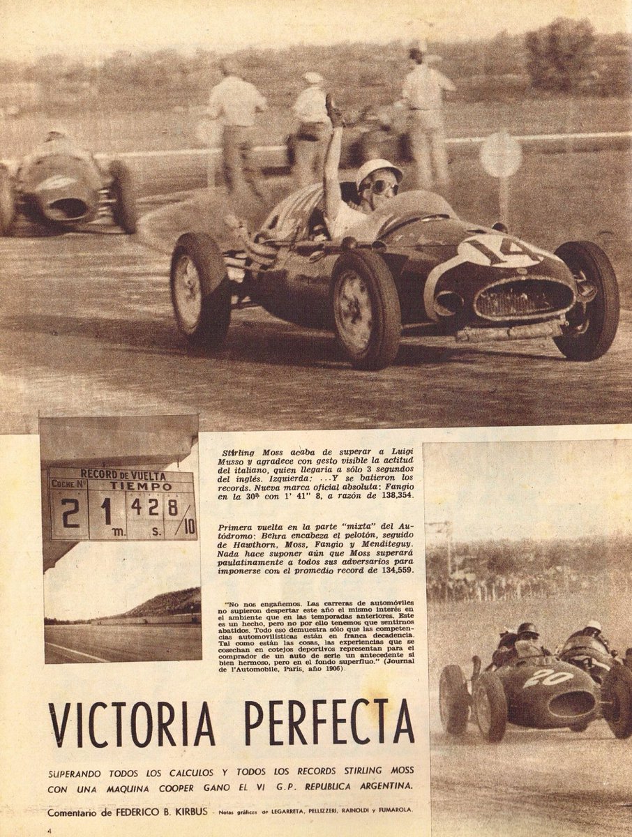 PatoG82's tweet photo. 19 de Enero de 1958. Grand Prix de Argentina para la #Formula1 🏁
VICTORIA PERFECTA
Superando todos los cálculos y todos los récords, Stirling Moss 🇬🇧 con una máquina Cooper de motor trasero ganó en 🇦🇷
🥈 Luigi Musso �� Mike Hawthorn
Nota El Gráfico 🔗 https://t.co/OU5NURTXM9 https://t.co/mlJULCWkTb