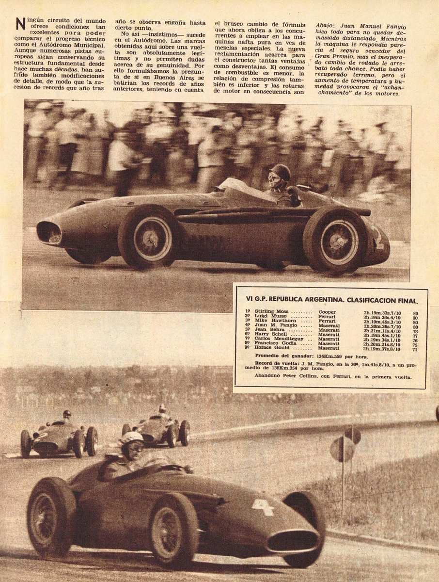 PatoG82's tweet photo. 19 de Enero de 1958. Grand Prix de Argentina para la #Formula1 🏁
VICTORIA PERFECTA
Superando todos los cálculos y todos los récords, Stirling Moss 🇬🇧 con una máquina Cooper de motor trasero ganó en 🇦🇷
🥈 Luigi Musso �� Mike Hawthorn
Nota El Gráfico 🔗 https://t.co/OU5NURTXM9 https://t.co/mlJULCWkTb
