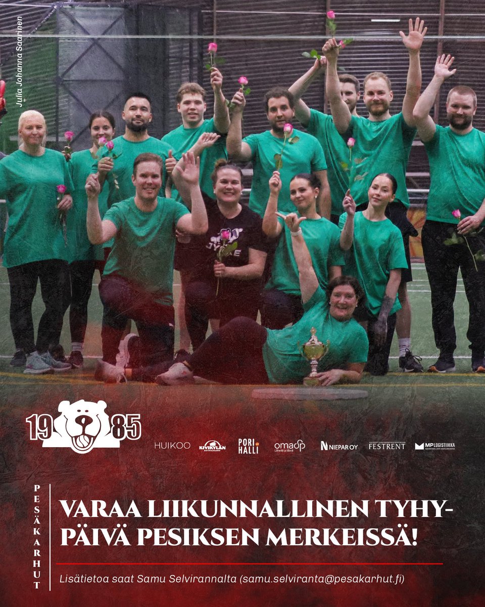 PesakarhutPori's tweet photo. Haluatko viettää hauskan ja liikunnallisen työhyvinvointipäivän kansallislajimme parissa?
Pesäkarhujen kautta sinulla on mahdollisuus edistää firmasi työntekijöiden työhyvinvointia ja ryhmäytymistä pesäpalloa pelaten. 🐻🥎 https://t.co/AcybKGfvcl
#pesäkarhut #pesis #tyhy https://t.co/u1p39QzPNd
