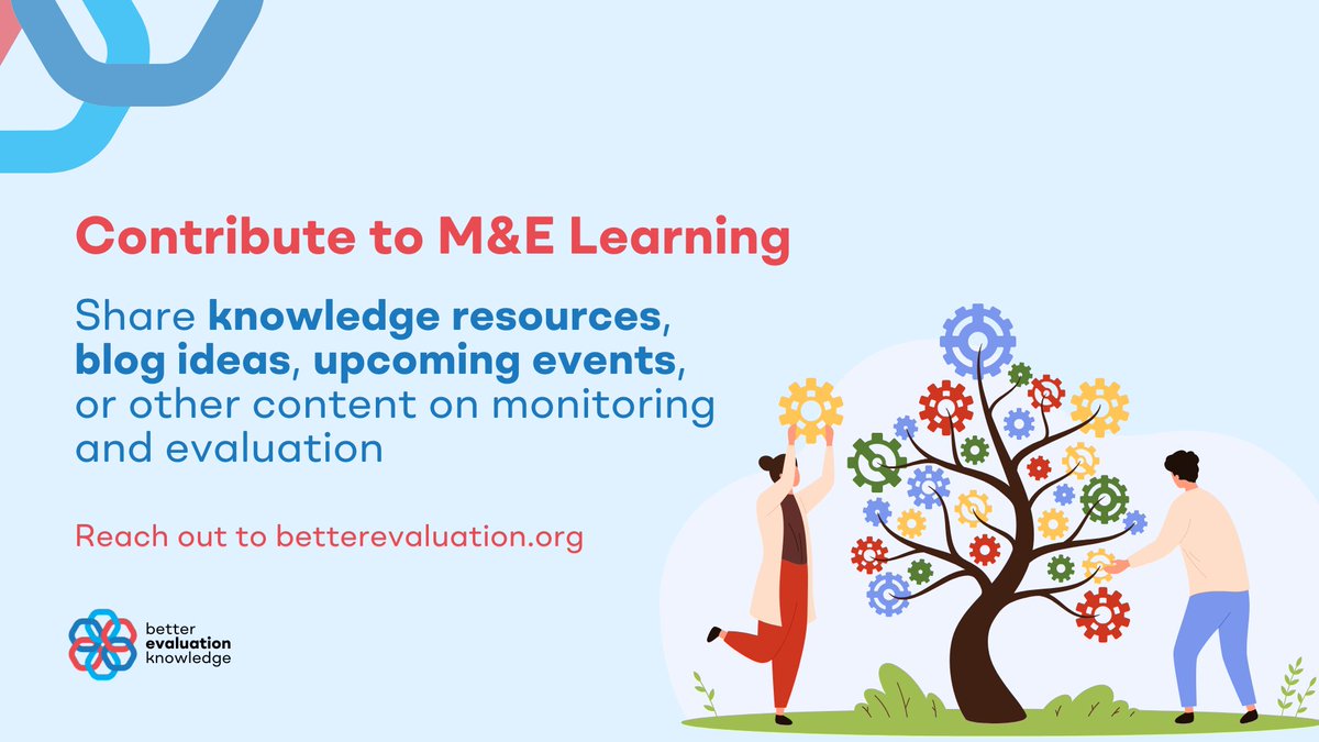 Call for contributions: Strengthen global M&E practice!
@BetterEval invites experts and organisations to share resources, making M&E knowledge more accessible.
Contribute now:
#Evaluation #EvidenceMatters #KnowledgeSharing #PolicyImpact
