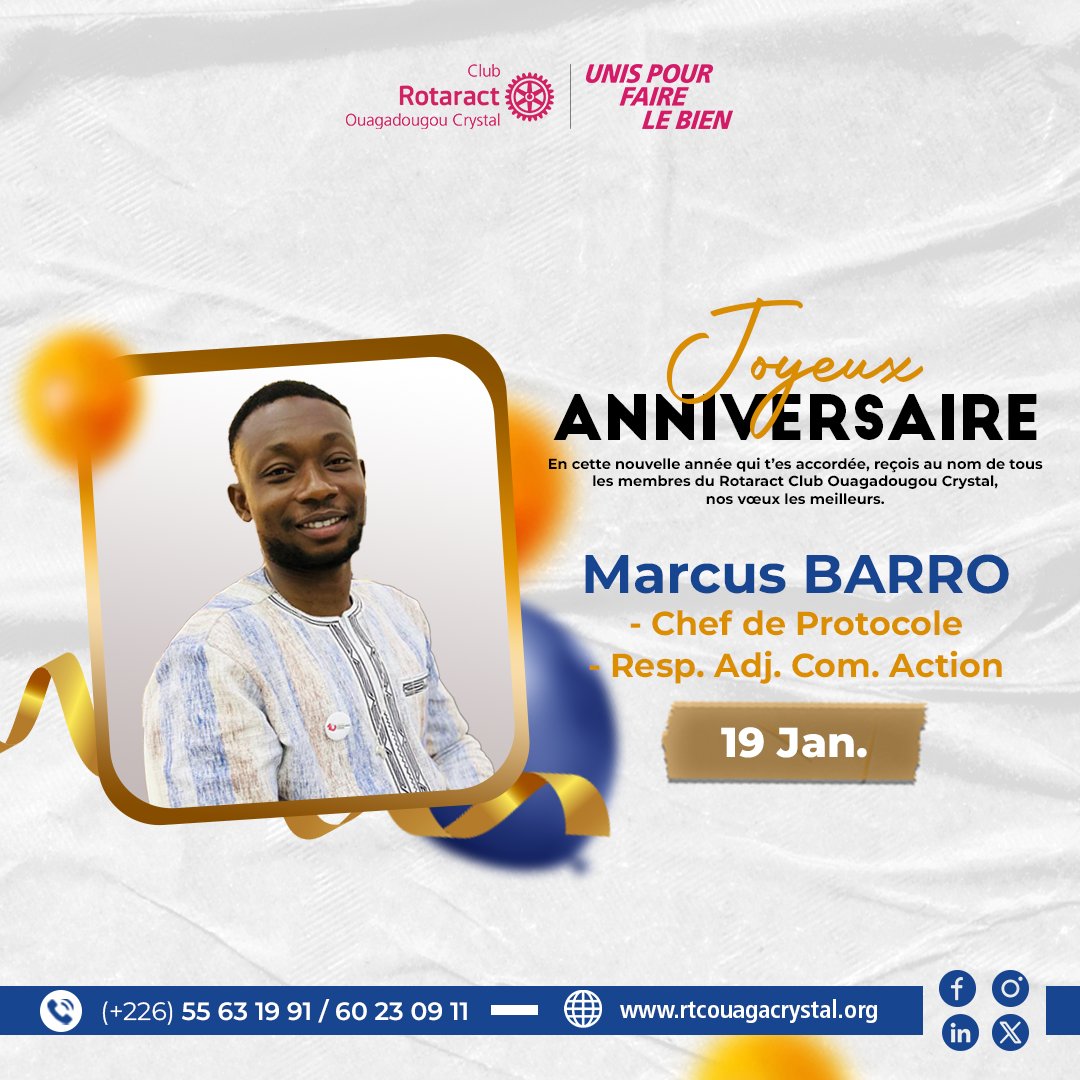 RotaractCrystal's tweet photo. Un anniversaire, c’est l’occasion de célébrer tout ce qu'une personne apporte autour d'elle.
Nous célébrons un des Crystal du jour 💎

✨✨Joyeux anniversaire cher ami, Marcus BARRO 🎉🎉
Que cette nouvelle année t’apporte santé, bonheur, réussite et de beaux moments. https://t.co/dFGQy10jNr