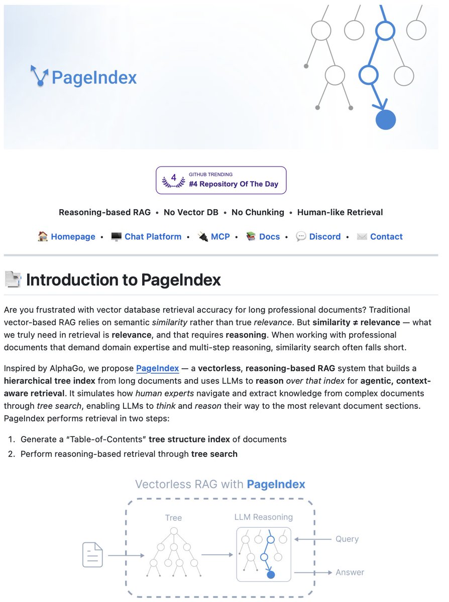 Sumanth_077's tweet image. Document Index for Vectorless, Reasoning-based RAG!

PageIndex is an open-source RAG framework that removes vector databases and chunking from document retrieval.

Most RAG systems rely on semantic similarity. They chunk documents arbitrarily, embed them into vectors, and…