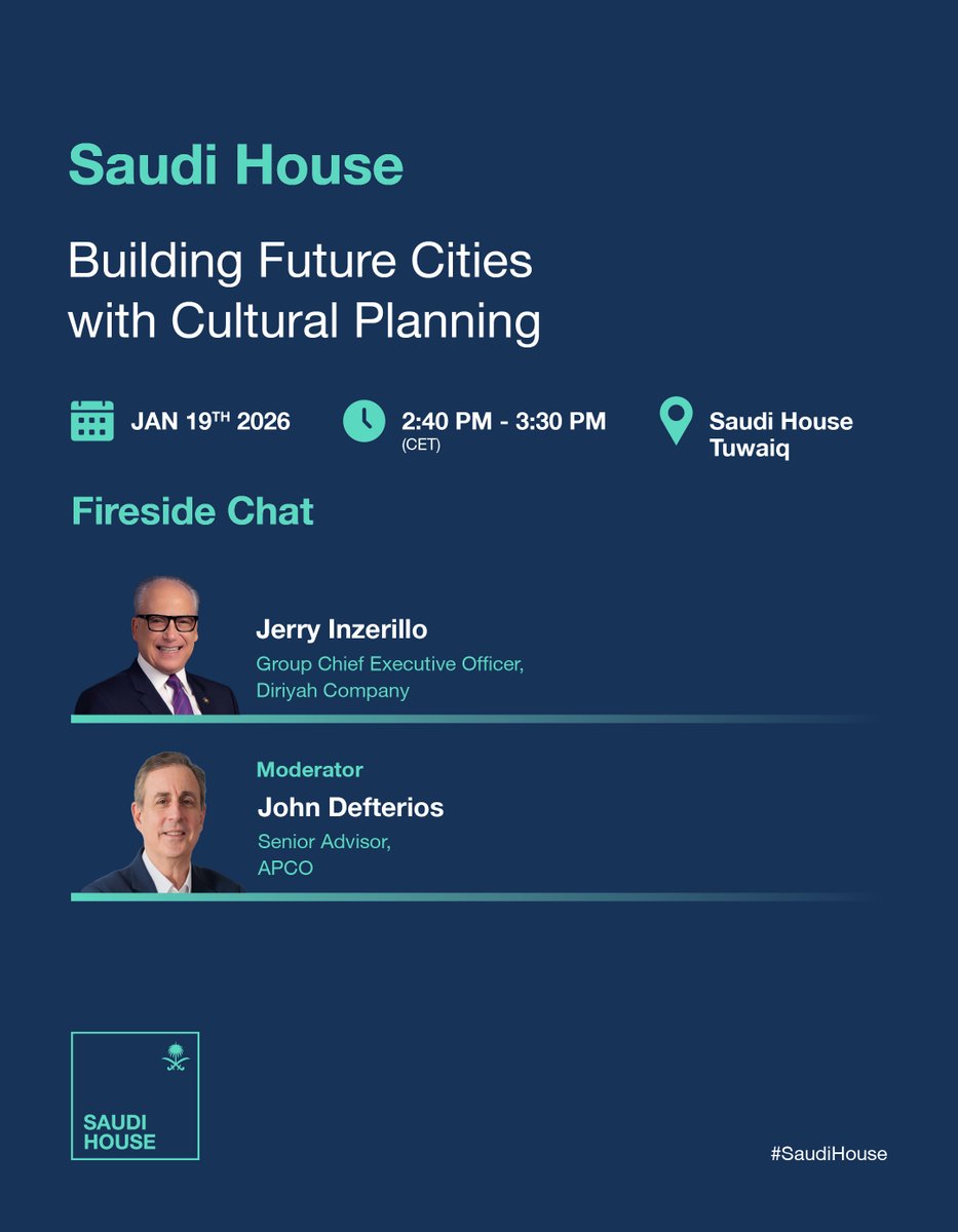 Join us for a #WEF26 fireside chat titled ‘Building Future Cities with Cultural Planning’, hosted by <a href="/DiriyahCo/">Diriyah Company l شركة الدرعية</a> at #SaudiHouse

Livestream: youtube.com/live/iFnt_ui3s…
 
 #SaudiAtDavos