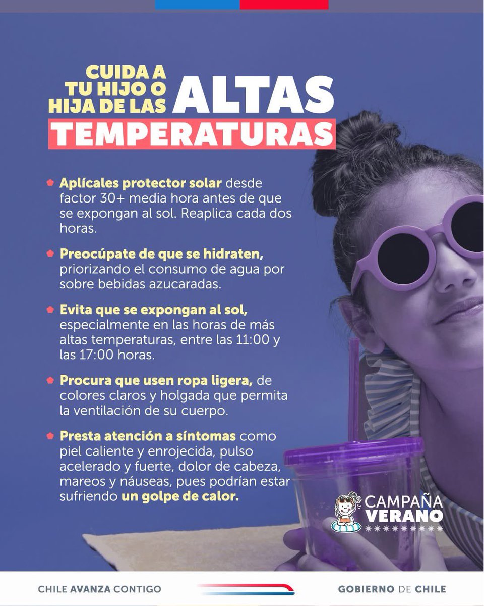 Con las altas temperaturas, es clave tomar medidas simples pero muy importantes para cuidar su salud. 

👉 El calor no es un juego. Cuidemos a nuestras niñas y niños este verano. #campañaverano 

#Equidad y #Resolutividad: Más Salud para Aysen💪🏽