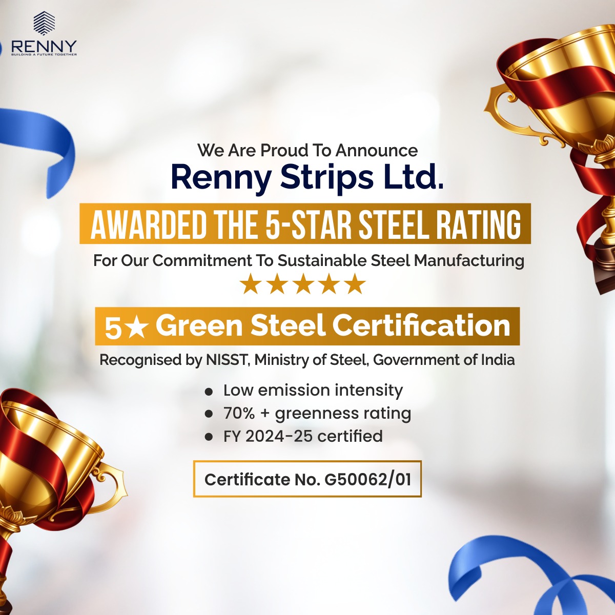 rennystrips's tweet photo. A proud milestone for Renny Strips Ltd.

The 5-Star Green Steel Rating reinforces our vision to lead with innovation, quality, and sustainability.

#RennyStripsLtd #RennyStrips #ProudMilestone #IndustryExcellence #SteelLeadership #GreenSteel #SustainableSteel #CleanManufacturing https://t.co/Y0pRlM6TUr