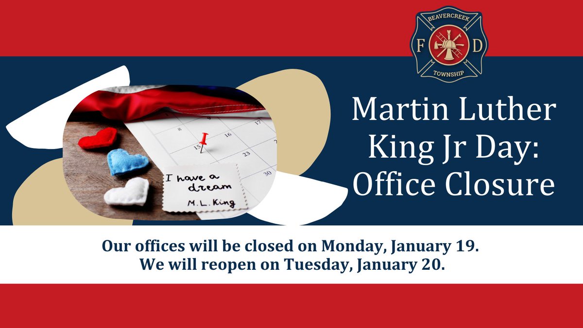 BcreekFire's tweet photo. In recognition of Martin Luther King Jr. Day, our administrative offices will be closed on Monday, January 19, 2026.
Regular office hours will resume on Tuesday, January 20, 2026. https://t.co/tNCSSaaQ7s