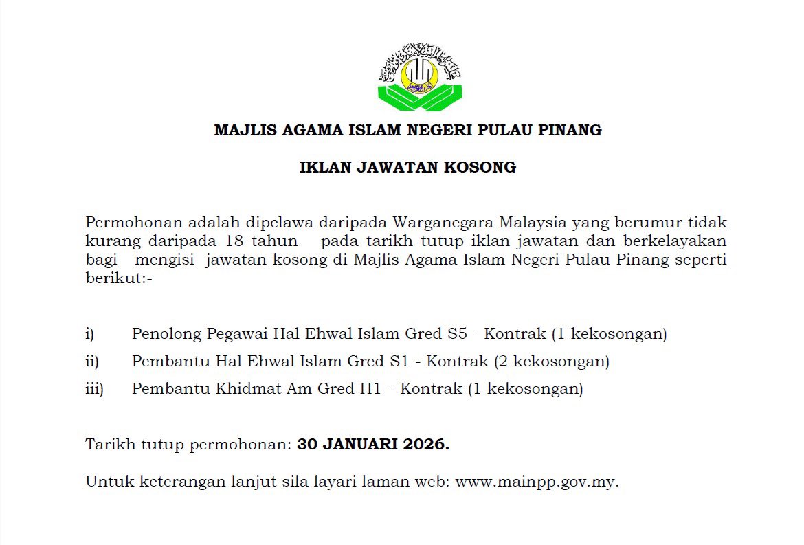 MAINPP_'s tweet photo. Jawatan kosong kini dibuka kepada yang berminat.
Ayuh bina kerjaya sambil berkhidmat untuk ummah.

Klik untuk info lanjut 👇

https://t.co/Mxgi3UWBKs

#mainppkongsi
#jawatankosong 

@penang_kini https://t.co/7cvWTJf4Bt