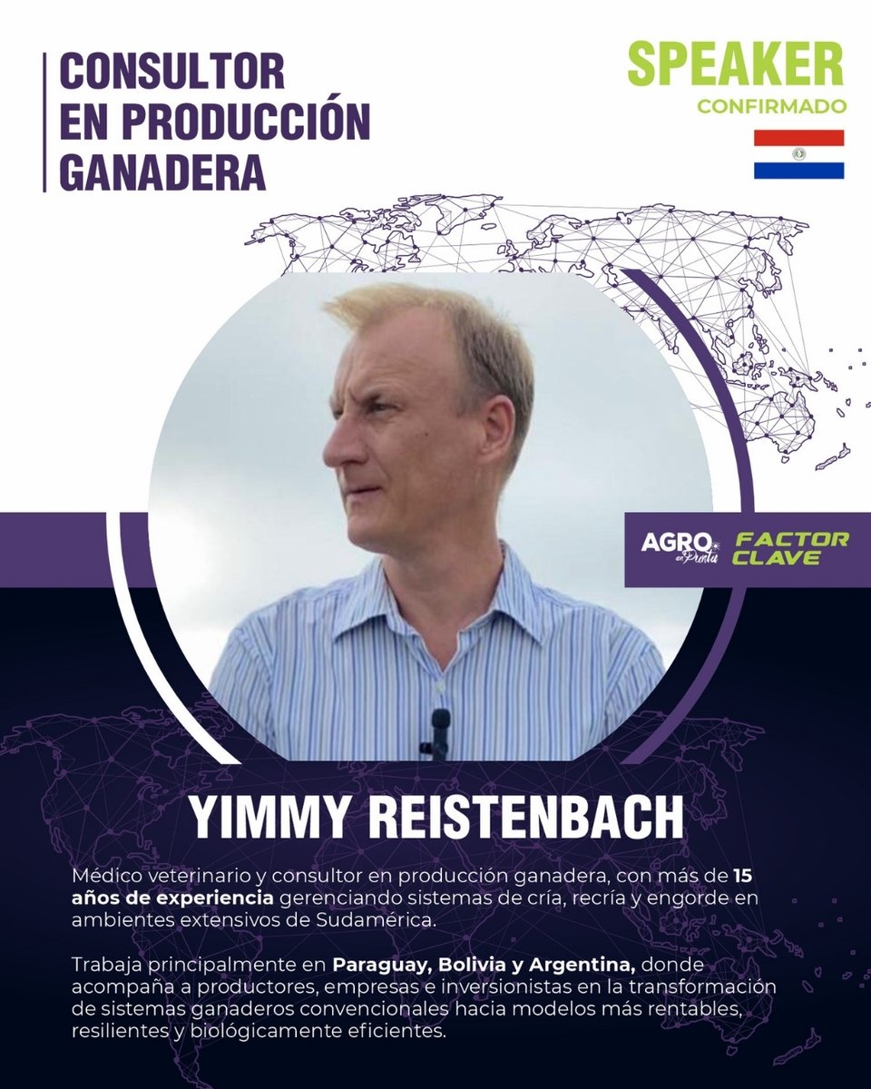 agroenpunta's tweet photo. 🎤 Speaker confirmado | #AgroEnPunta2026
Yimmy Reistenbach, médico veterinario y consultor en producción ganadera, con más de 15 años de experiencia en sistemas ganaderos extensivos en Sudamérica.
📅 4–6 feb 2026 | 📍 Punta del Este
#AgroEnPunta #FactorClave #AgroNegocios https://t.co/U6YqqiYotl
