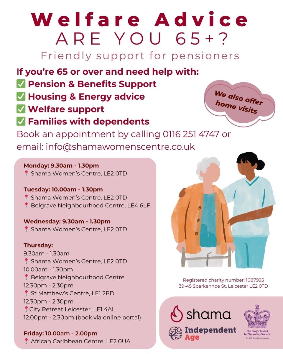 👵👴 Are you 65+ and need support? Shama offers:
✅ Pension &amp; Benefits Advice
✅ Housing &amp; Energy Support
✅ Welfare Support
💜 Home visits available

📞 Book: 0116 251 4747 | info@shamawomenscentre.co.uk

#ShamaWomensCentre #ElderlySupport #LeicesterCommunity