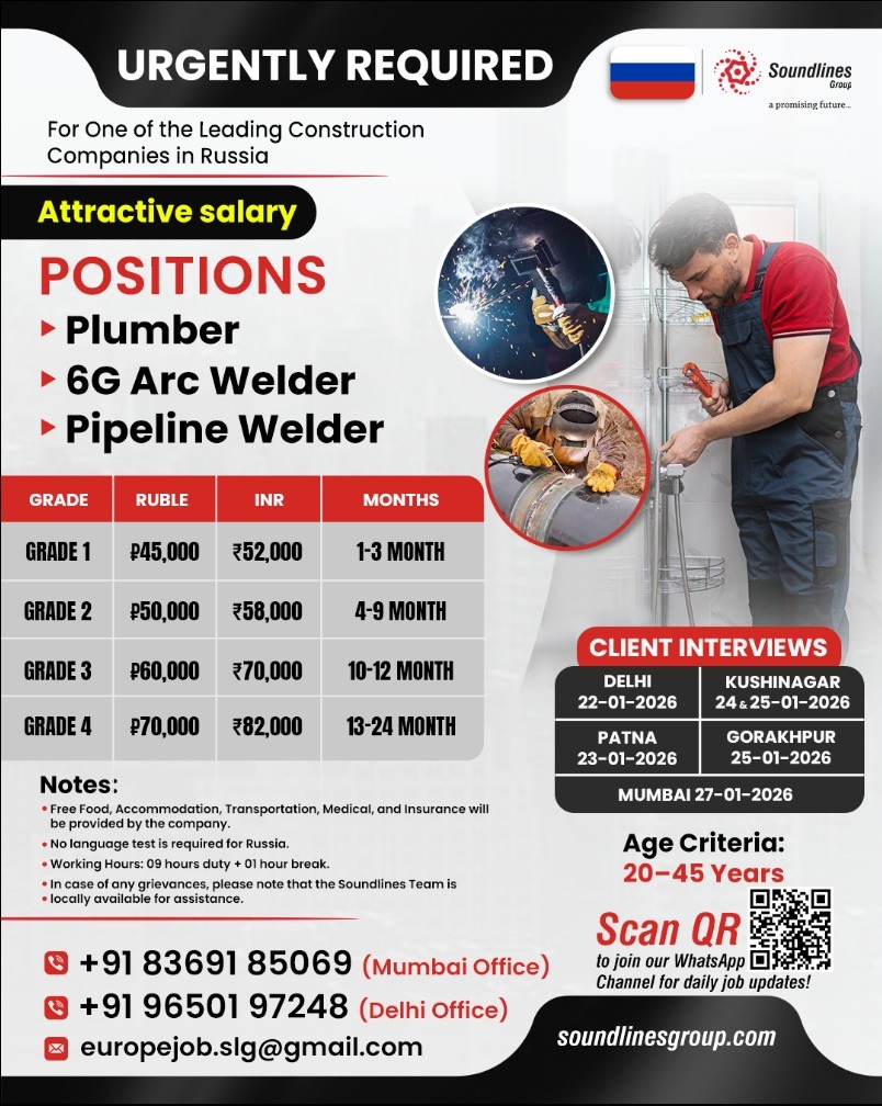 URGENTLY REQUIRED For One of the Leading Construction Companies in Russia  📌 To apply kindly send your resume to europejob.slg@gmail.com 📌  Positions: ✔️Plumber ✔️6G Arc Welder ✔️Pipeline Welder GRADERUBLE #russia  #russiajobs #jobseekers #