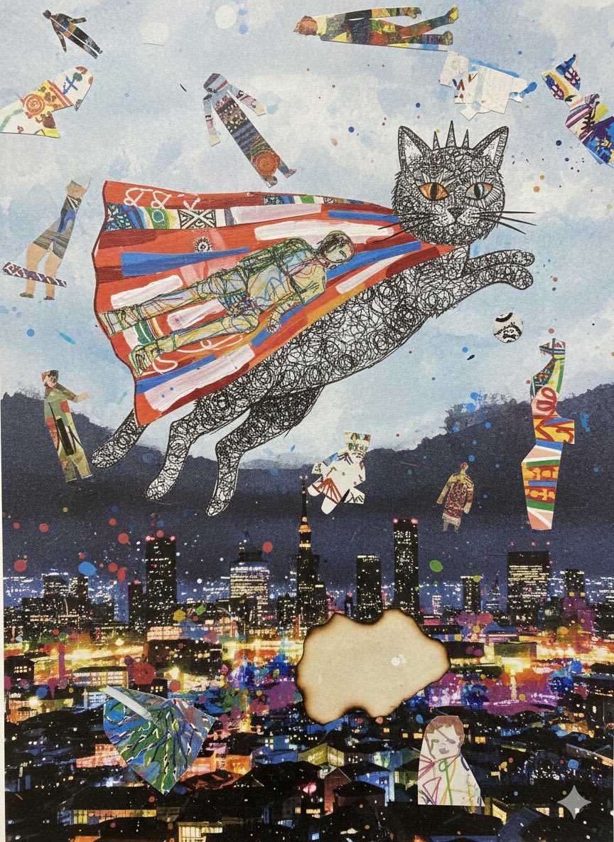 ネコマン、長崎の夜を、跳ぶ』 #イラスト #コラージュ #degitalart