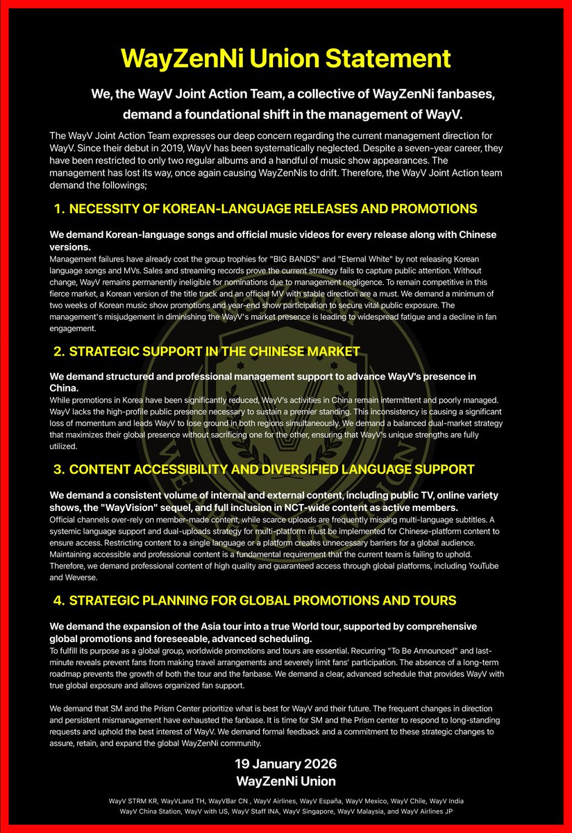 WayV_Airlines's tweet image. We, the WayZenNi Union, demands that SM and Prism Center prioritize WayV’s best interests and future.

@SMTOWNGLOBAL
@WayV_official
@NCTsmtown

#SMTreatWayVBetter
#에스엠WayV활동보장해 
#请合理规划艺人发展