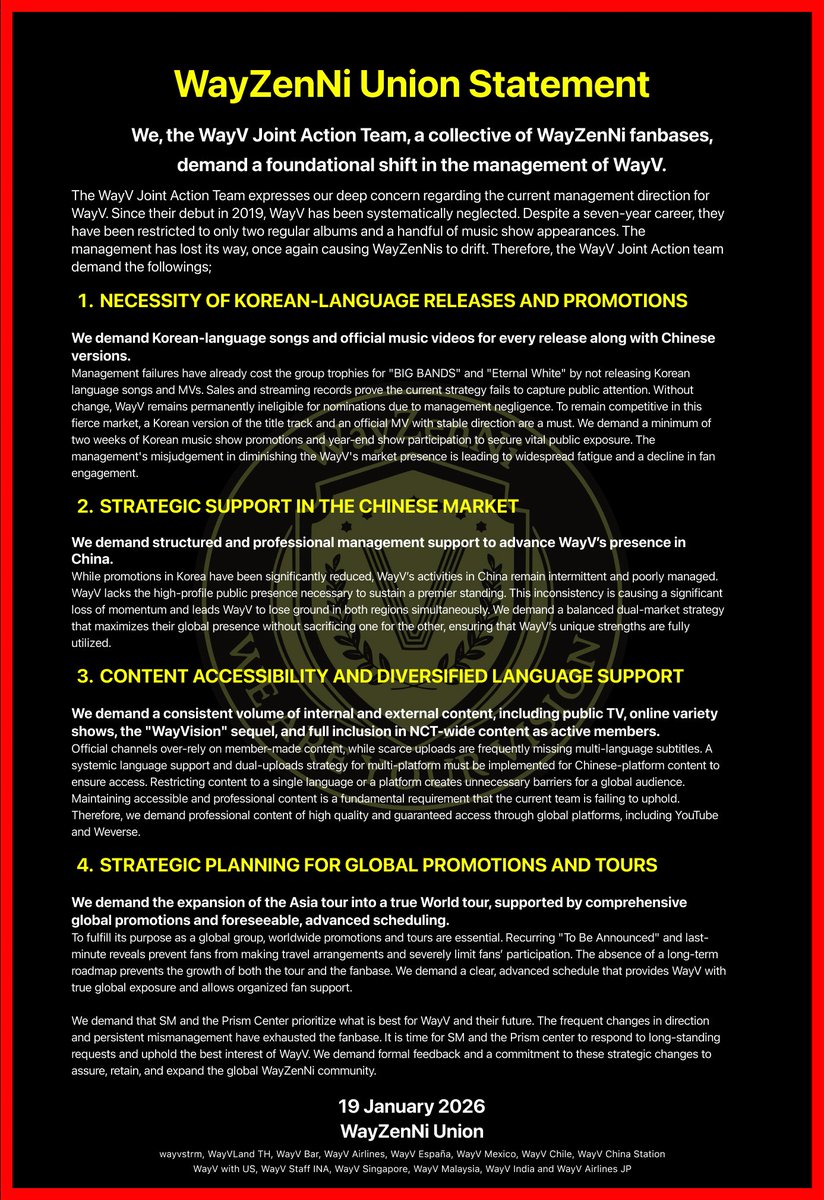 WayV_MY117's tweet image. We, the WayZenNi Union, demands that SM and Prism Center prioritize WayV’s best interests and future.

@SMTOWNGLOBAL
@WayV_official
@NCTsmtown

#SMTreatWayVBetter
#에스엠WayV활동보장해 
#请合理规划艺人发展