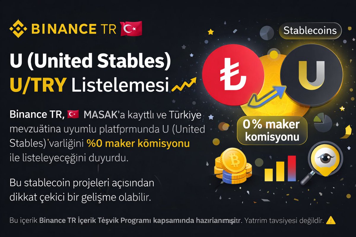 CyrptosSherlock's tweet photo. 📰📢 Binance TR tarafından yapılan resmî duyuruya göre;

U (United Stables) isimli kripto varlık, U/TRY işlem çifti ile platformda listelenecektir. 🔄💱

Bu listeleme; platformun mevcut işlem altyapısı kapsamında, Türkiye’deki kullanıcıların yerel para birimi üzerinden işlem yapabilmesine imkân tanıyan teknik ve operasyonel bir erişim yöntemi olarak duyurulmuştur. 🧩⚙️

📘🧠

Aşağıda yer alan bilgiler; herhangi bir kişisel görüş, yorum, yönlendirme, tavsiye veya beklenti içermemekte olup, yalnızca proje hakkında kamuya açık resmî açıklamalar, teknik dokümantasyonlar ve genel tanımlamalar çerçevesinde yapılan bilgilendirici bir özet niteliğindedir. ℹ️📄

🧩🔗

U (United Stables) projesi, yayımlanan açıklamalarında; stablecoin ekosisteminde uzun süredir tartışılan rezerv şeffaflığı, farklı stablecoin modelleri arasındaki parçalı yapı, zincir üstü doğrulanabilirlik ve operasyonel standart eksikliği gibi başlıkları merkeze alan teknik bir yaklaşım sunduğunu belirtmektedir. 🧠📊

🔍📈

Proje kapsamında yapılan açıklamalarda; stablecoin’lerin yalnızca fiyat istikrarı üzerinden değil, aynı zamanda rezervlerin nasıl tutulduğu, hangi mekanizmalarla desteklendiği, zincir üstü verilerin nasıl izlenebilir hâle getirildiği ve kullanıcıların bu verilere hangi ölçüde erişebildiği gibi unsurların da teknik ve operasyonel açıdan önemli olduğu vurgulanmaktadır. 📊🧬

🧱🔗📈

Bu çerçevede U (United Stables); farklı stablecoin yapılarını tekil bir sistem yaklaşımı içinde ele almayı, rezerv temelli yapıların daha şeffaf, izlenebilir ve raporlanabilir hâle gelmesini ve zincir üstü veriler aracılığıyla teknik süreçlerin daha anlaşılır kılınmasını hedefleyen bir proje anlatımı sunmaktadır. ⚙️📘

🛠️📑

Proje dokümantasyonlarında ayrıca; zincir üstü altyapı, veri doğrulama süreçleri, rezerv yapılarının izlenmesi, sistemin operasyonel işleyişi ve ekosistem içindeki roller gibi başlıkların teknik çerçevede ele alındığı görülmektedir. 🧠⚙️

📱💱

U/TRY işlem çifti ile gerçekleştirilecek bu listeleme; fiyat, kazanç, getiri veya yatırım beklentisi anlamına gelmeyip, yalnızca platformun işlem altyapısına ilişkin teknik bir bilgilendirme olarak değerlendirilmelidir. 🔧📊

📄🔁

Duyuruda yer alan komisyon oranları, işlem koşulları ve benzeri unsurlar; yatırım perspektifiyle değil, platformların piyasa işleyişine ilişkin operasyonel tercihleri kapsamında ele alınmalıdır. 🧾🔄

🔗📑

Projeye ve listelemeye ilişkin daha ayrıntılı bilgilere; yalnızca resmî duyurular, blog paylaşımları ve teknik dokümantasyonlar üzerinden ulaşılması önerilir. 🔍📘

⚠️⚠️ YASAL UYARI ⚠️⚠️

Bu paylaşım bilgilendirme amaçlıdır.  
İçerikte yer alan bilgiler; herhangi bir yatırım tavsiyesi, yönlendirme, fiyat, kazanç veya getiri beklentisi içermemektedir. ⛔📉  

Paylaşım, yalnızca kamuya açık resmî duyuru ve teknik dokümantasyonların özetlenmesi niteliğindedir. 📄ℹ️  

🤝📢 Bu içerik Binance TR İçerik Teşvik Programı kapsamında hazırlanmıştır.  

🚫⚠️ Yatırım tavsiyesi değildir.