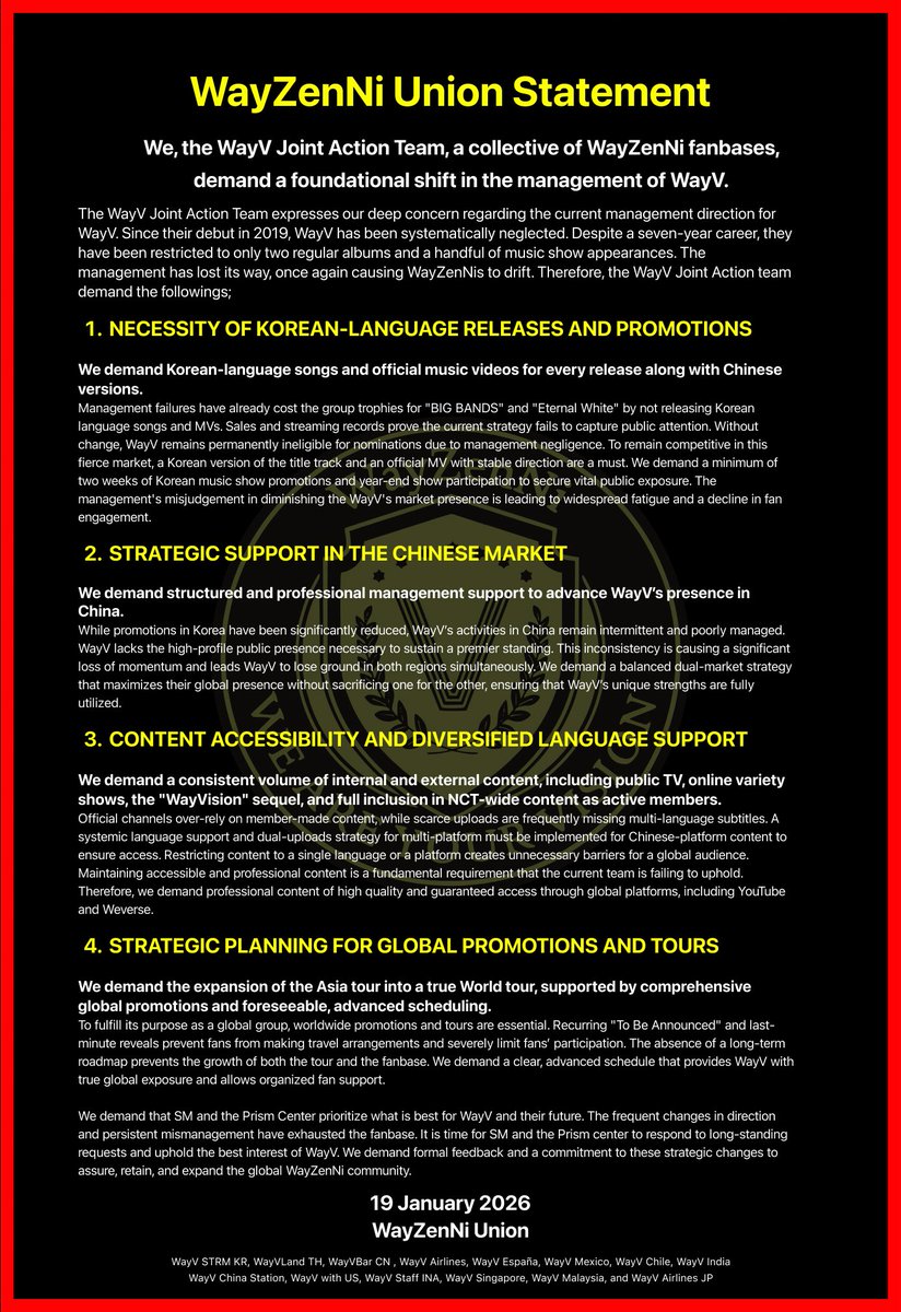 SG_WayV's tweet image. We, the WayZenNi Union, demands that SM and Prism Center prioritize WayV’s best interests and future.

@SMTOWNGLOBAL
@WayV_official
@NCTsmtown

#SMTreatWayVBetter
#에스엠WayV활동보장해 
#请合理规划艺人发展