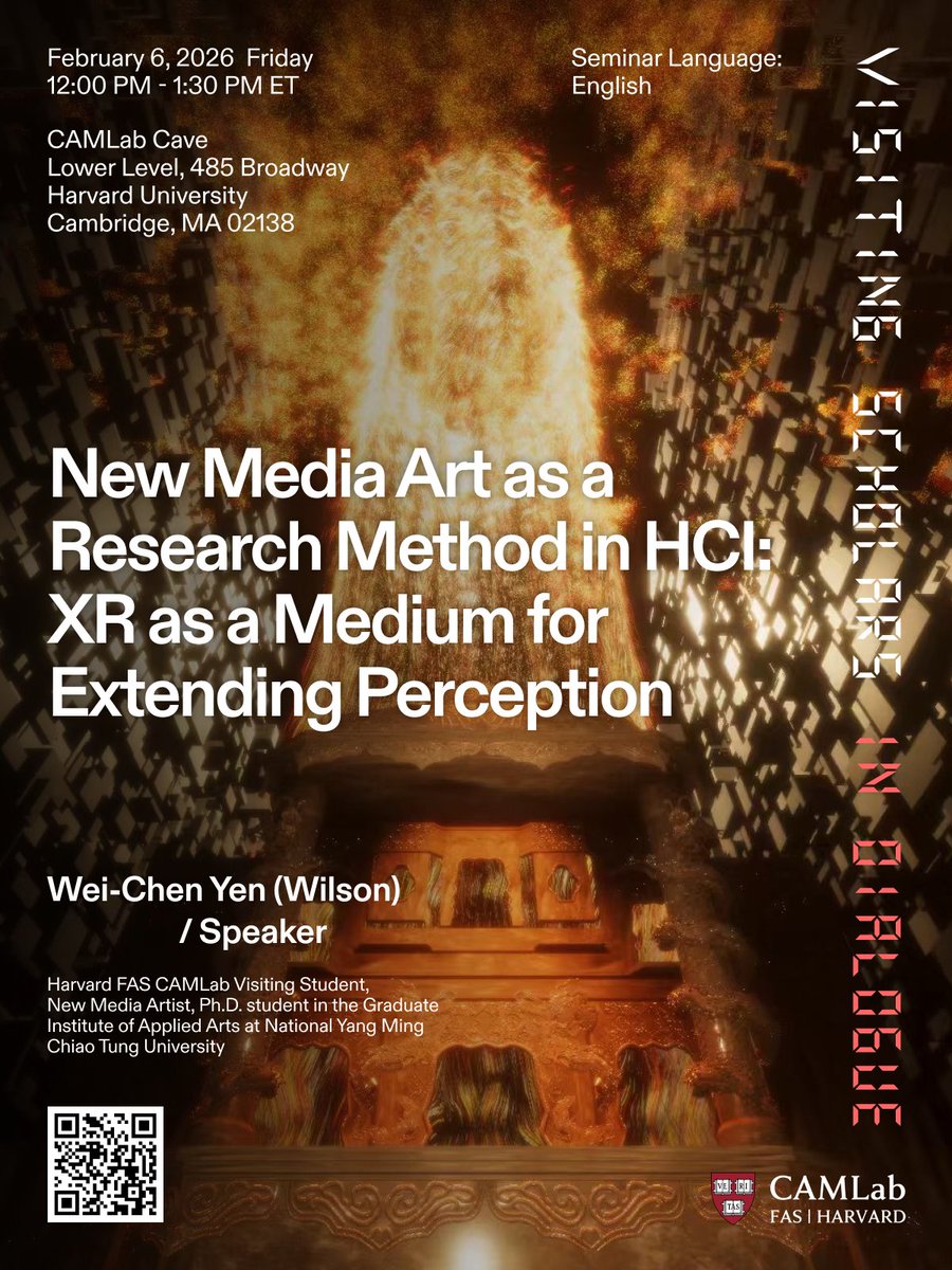 HarvardCAMLab's tweet image. CAMLab is delighted to welcome the spring semester with the return of the “Visiting Scholars in Dialogue” lecture series.

How can artistic practice offer a reflective and critical approach to Human–Computer Interaction (HCI), moving beyond purely engineering-driven methods? Join…