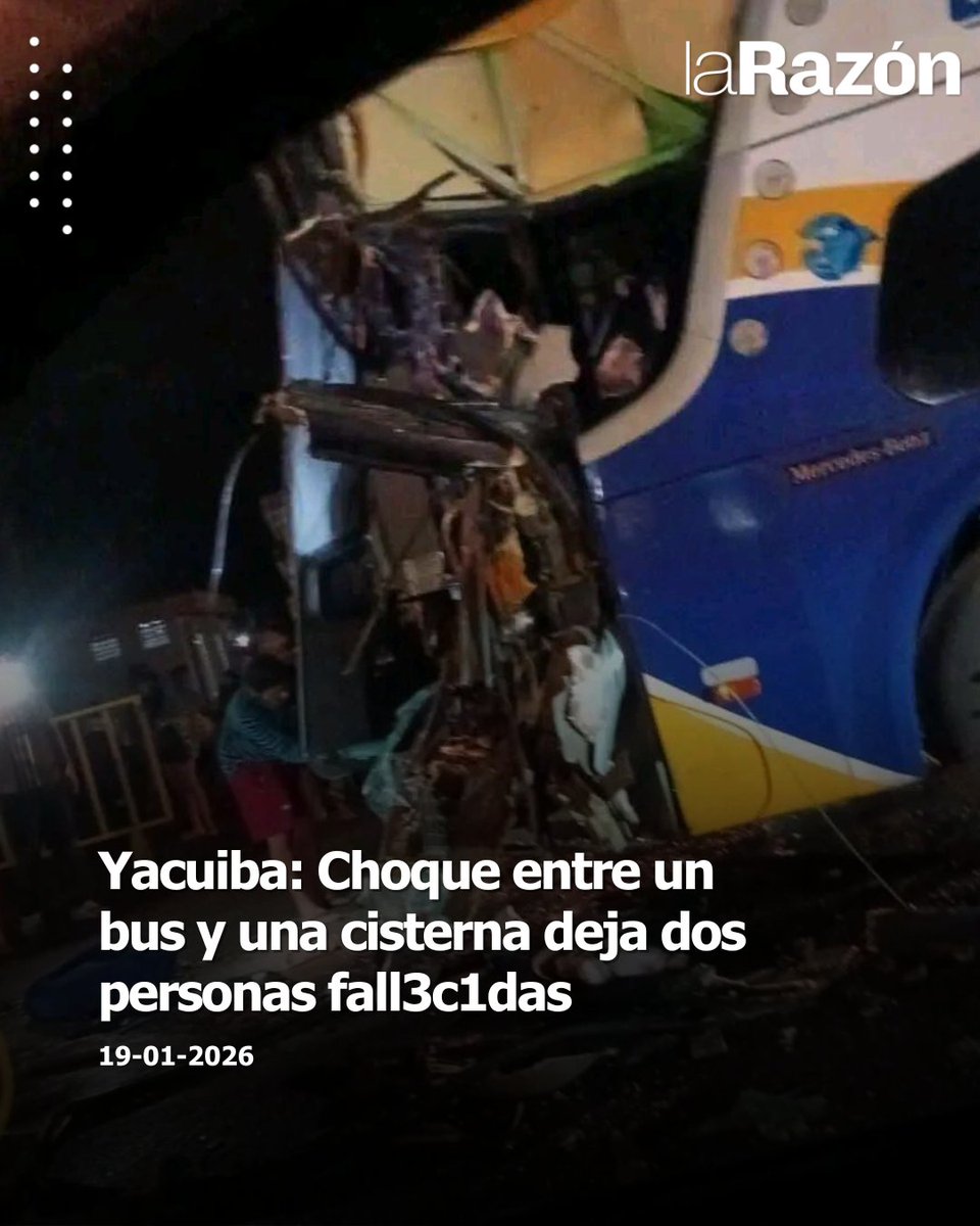 LaRazon_Bolivia's tweet photo. Un bus de la empresa Bolívar y un camión cisterna protagonizaron un accidente de tránsito en la Ruta 9 del municipio de Yacuiba en Tarija, que dejó un saldo de dos personas fall3cid4as y cuatro h3rid4s.
#larazóndigital #tarija #noticias #yacuiba https://t.co/dIu01HsC2o