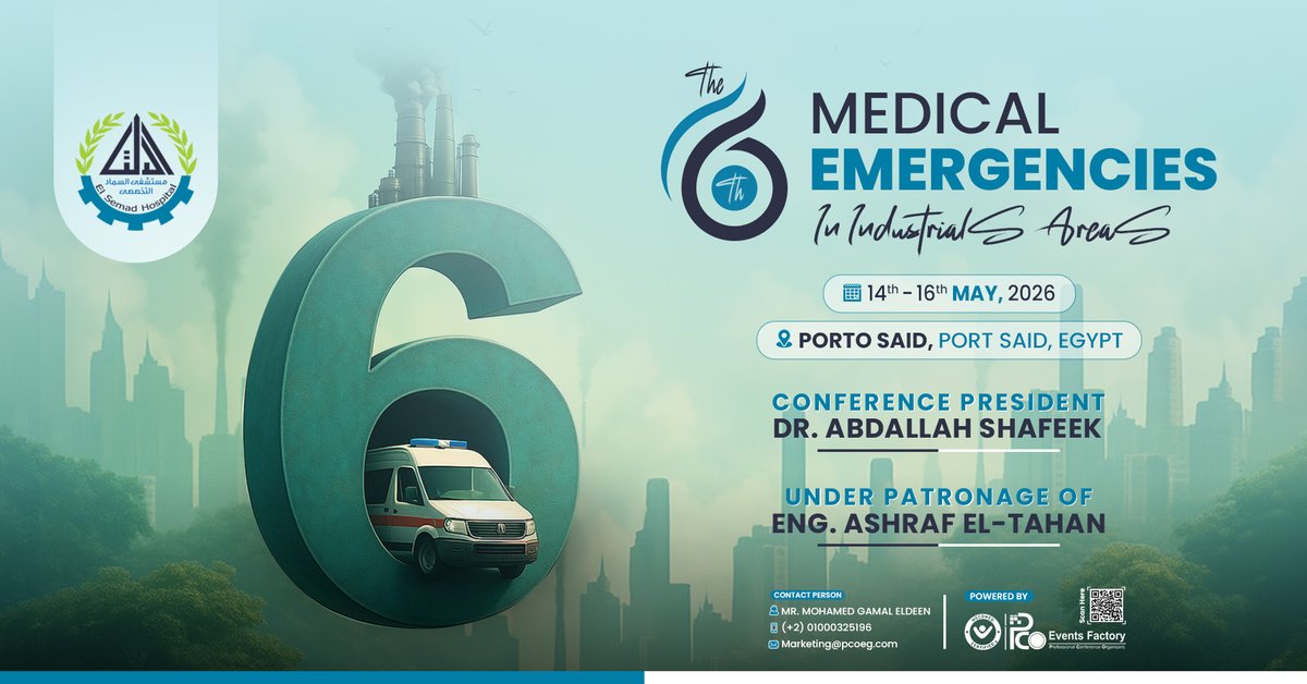 Pco_Academy's tweet photo. 📢 El Semad Specialized Hospital proudly presents:
✨ 6th Annual Conference
Medical Emergencies in Industrial Areas
🏭 Real-life industrial emergency scenarios
🩺 Updated medical protocols &amp; guidelines
👨‍⚕️ Leading experts in emergency &amp; occupational https://t.co/CnM5vOIAZl