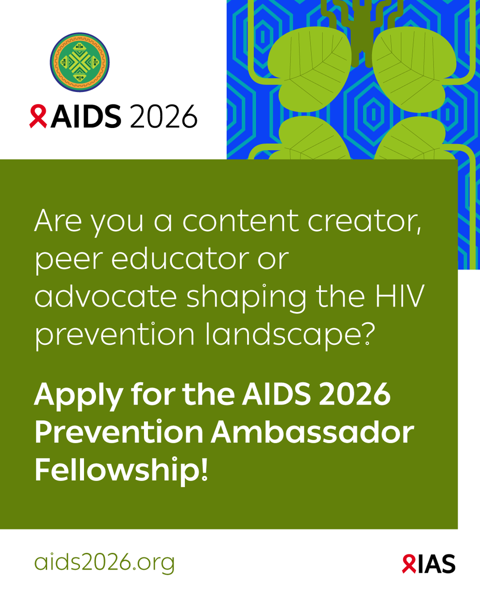 ✨ Applications are open for the #AIDS2026 Prevention Ambassador Fellowship!

Fellows will:

🔹 Lead a digital #HIV prevention content project

🔹 Attend AIDS 2026

🔹 Take part in networking opportunities

⏰ Apply by 15 February #RethinkRebuildRise 

👉 iasociety.org/sites/default/…