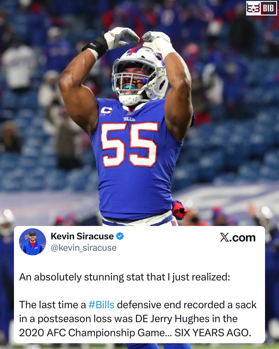 𝗖𝗥𝗔𝗭𝗬: The #Bills haven’t had an edge rusher sack in a playoff loss in SIX YEARS. 🤯

WHAT?

#BuiltInBuffalo | #GoBills | #BillsMafia