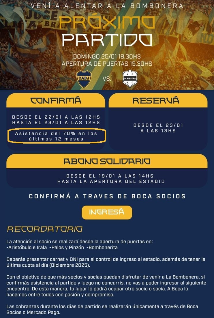 🚨AHORA | Continúa el filtro con prioridad para los socios que hayan asistido el 70% de los partidos de LOCAL los últimos 12 meses (no computa el amistoso vs Millonarios).

▶️La info para el partido vs Deportivo Riestra el domingo 18.30 hs en #LaBombonera.👇