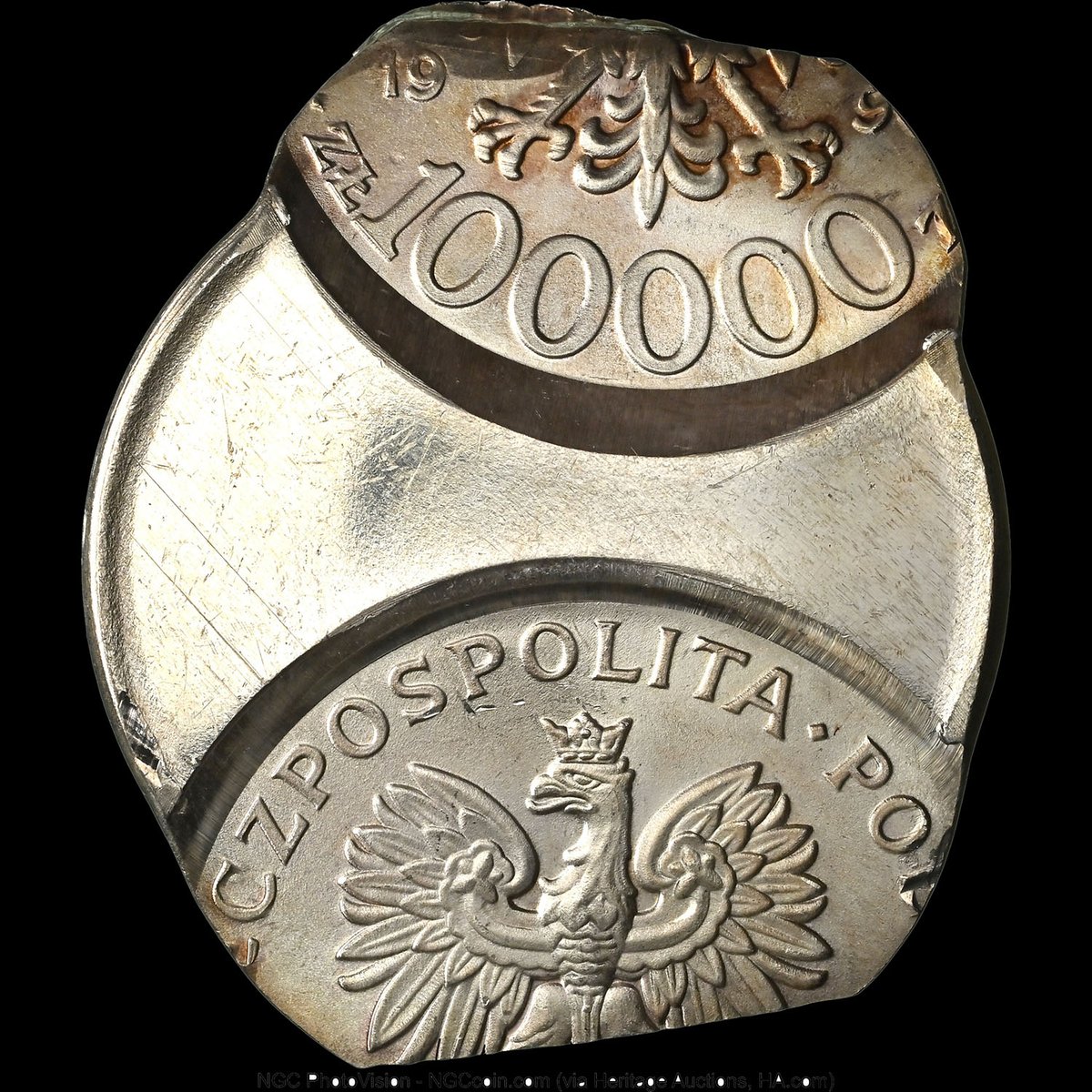 NGCcoin's tweet image. Coin of the Day: For #MintErrorMonday, here’s a Poland 1990 Silver 100,000 Zlotych that was Double Struck, with both strikes off-center. This coin is part of a Heritage Auctions sale this month: tinyurl.com/2xn7c9cn #coins #errorcoins #rarecoins #worldcoins #poland #zlotych