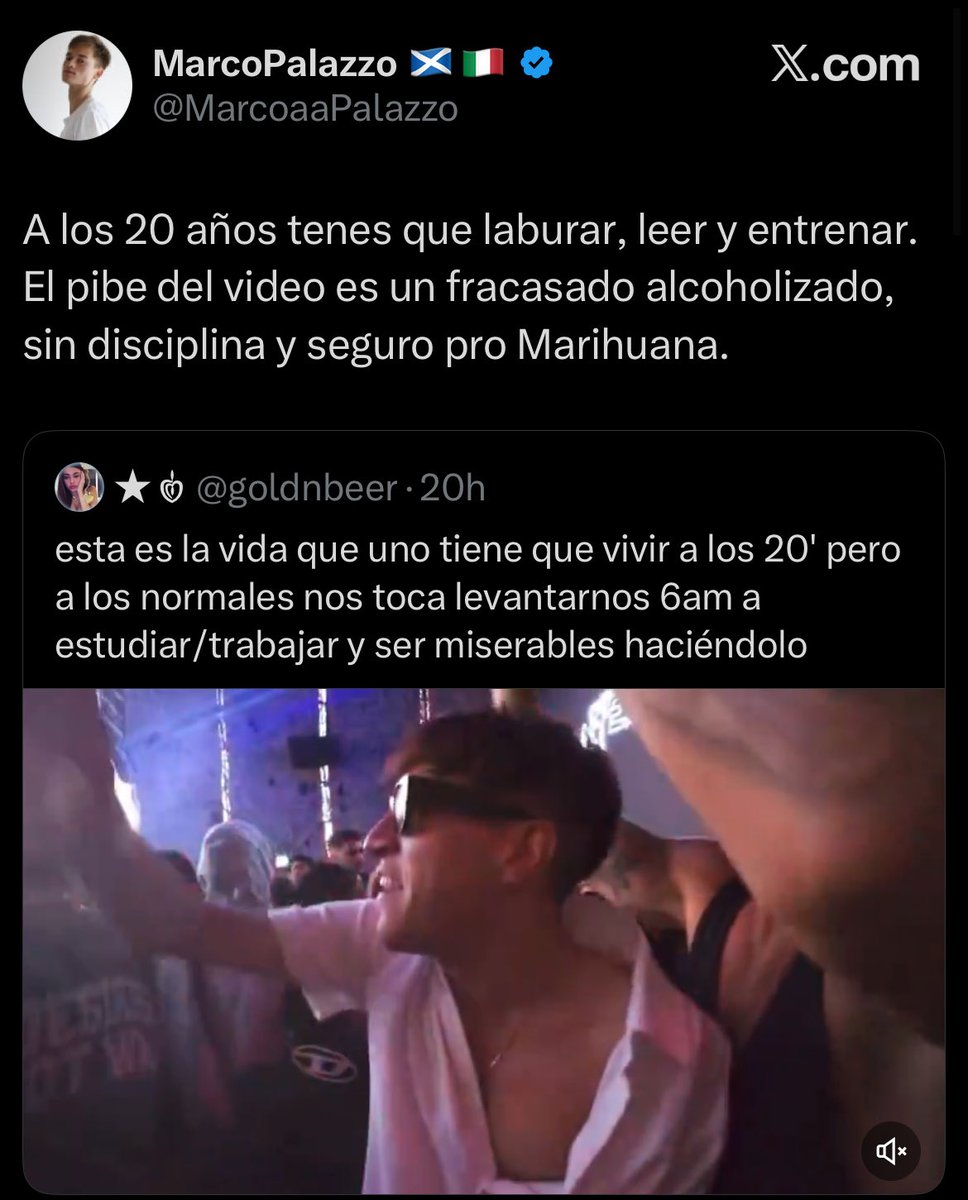 porqueTTarg's tweet image. "Bauletti"

Porque el "periodista" liberal Marco Palazzo lo liquidó en redes: "A los 20 años tenes que laburar, leer y entrenar. El pibe del video es un fracasado alcoholizado, sin disciplina y seguro pro Marihuana".