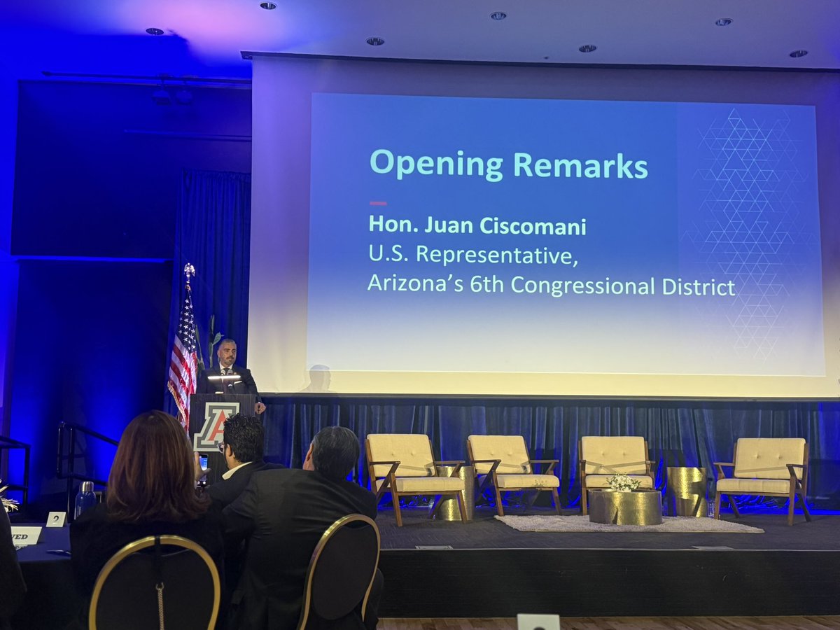 RepCiscomani's tweet photo. It was an honor to speak at the University of Arizona’s inaugural Kyl Institute for National Security Forum. Senator Jon Kyl set a high standard for leadership and service, and I’m proud of my alma mater for honoring his legacy and advancing discussions and work focused on our national security. 🇺🇸 @uarizona