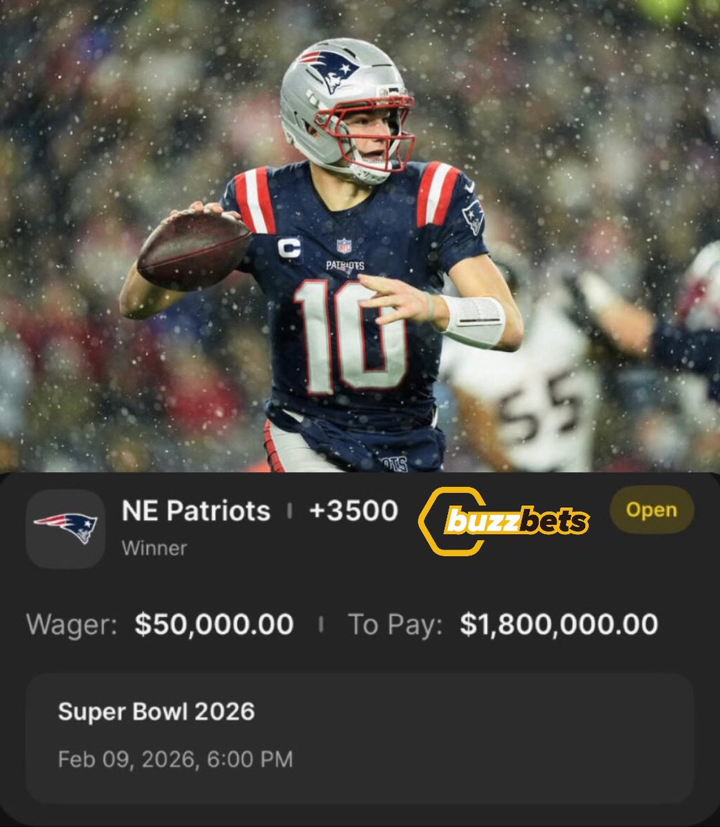 BuzzBetsTV's tweet photo. A Bettor put $50,000 to win $1.8 Million earlier in the season on the Patriots to win the Super Bowl…. 2 GAMES AWAY https://t.co/uEiODGyVCV