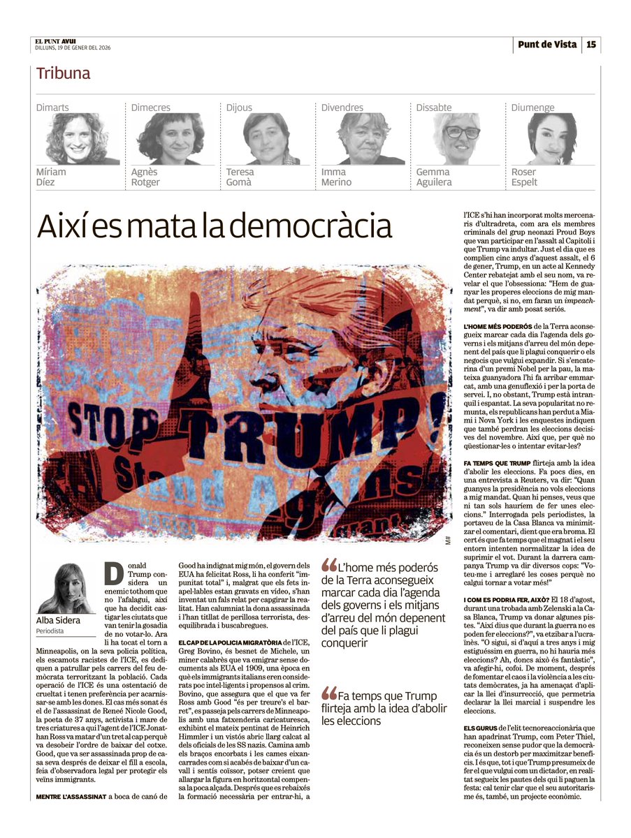 Trump té por de perdre el poder i flirteja amb la idea de suprimir les eleccions. La democràcia, per a l'elit tecnoreaccionària que el sosté, és un estorb per maximitzar beneficis. La tribuna d'avui sobre l'autoritarisme als EUA:
Així es mata la democràcia
elpuntavui.cat/opinio/article…