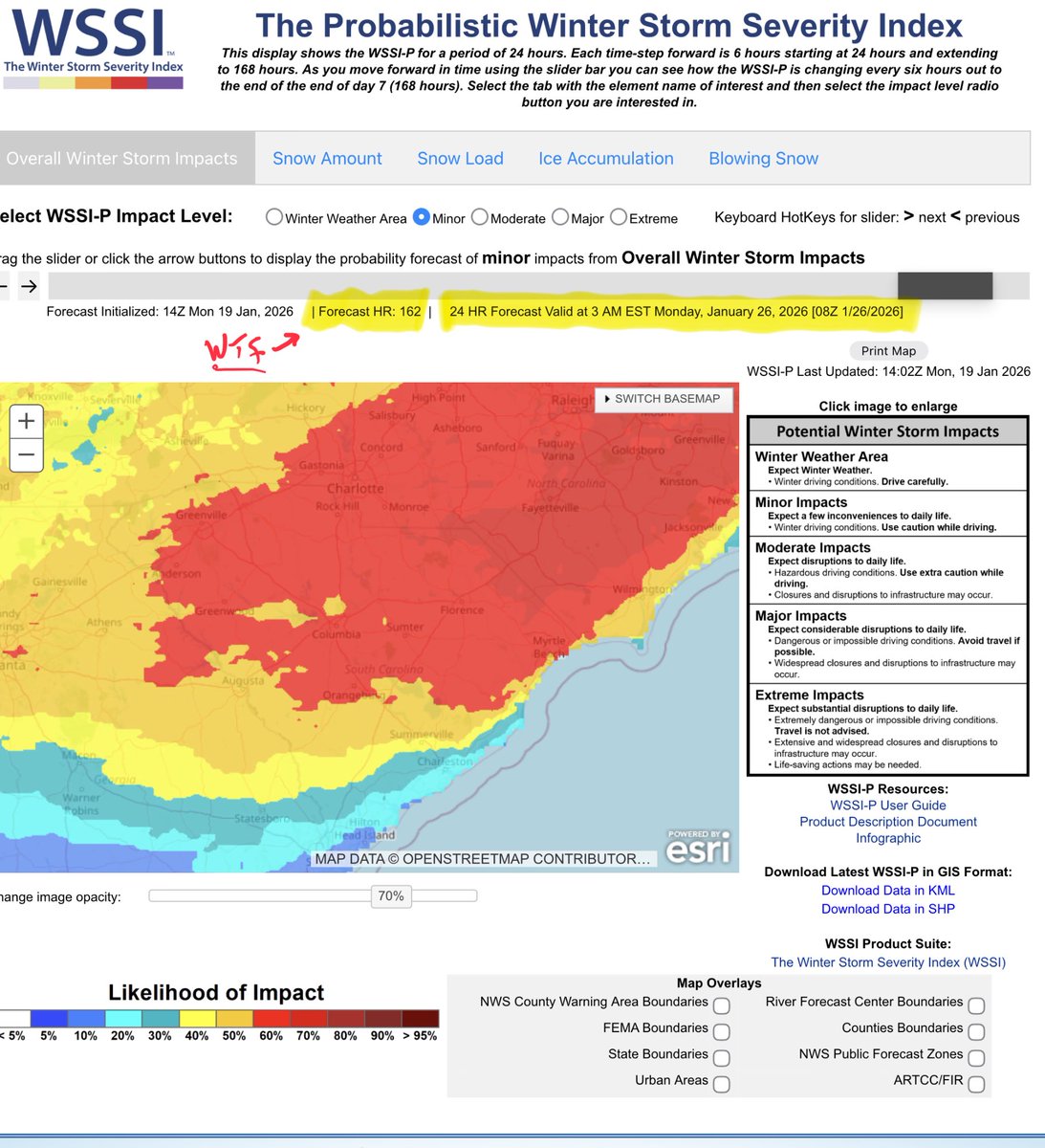 ChrisJacksonSC's tweet photo. The extended range WSSI-P product from the WPC/NWS is borderline unhinged at the moment with probabilities of a winter weather event in the Carolinas next weekend and into next Monday at greater than 60% with probabilities of minor impacts from ice accumulation at at least 50-60% over a big chunk of the area.

This is a giant red flag for anyone out there that they should be prepared for the potential of a widespread winter weather event this coming weekend and perhaps into early next week.

#scwx 
#ncwx