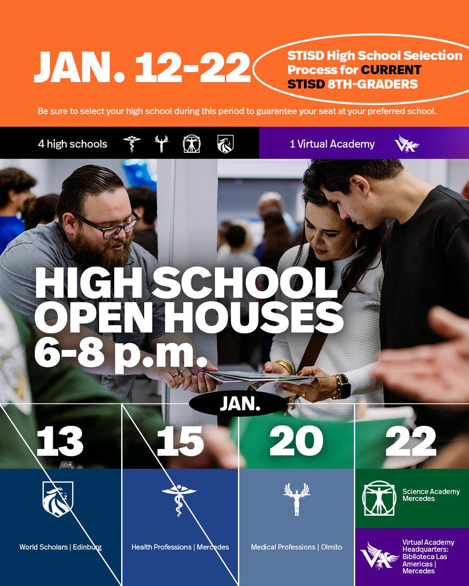 We’re wrapping up our final three #STISD High School Open Houses this week for current STISD 8th-graders. Ask questions, tour campuses and find the right fit before the selection window closes.

Join us | 6–8 p.m. 👇🏼