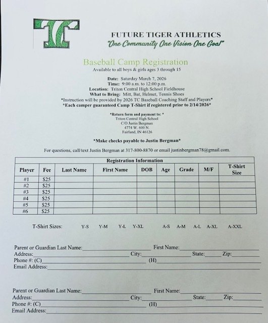 coachbergman's tweet photo. Triton Central Baseball Camp! Saturday March 7, 2026!  @GIANTfmsports https://t.co/HVqnK2QSBJ