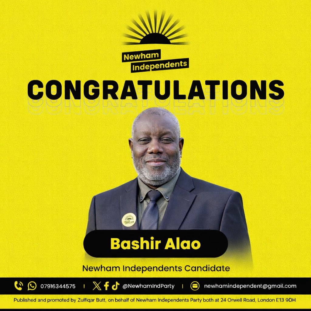 NewhamIndParty's tweet image. 🎉Congratulations to Bashir Alao on being selected as a Newham Independents councillor candidate for the May 2026 local elections.
Wishing you every success on this exciting journey!

#NewhamIndependents #LocalDemocracy #TeamNewham