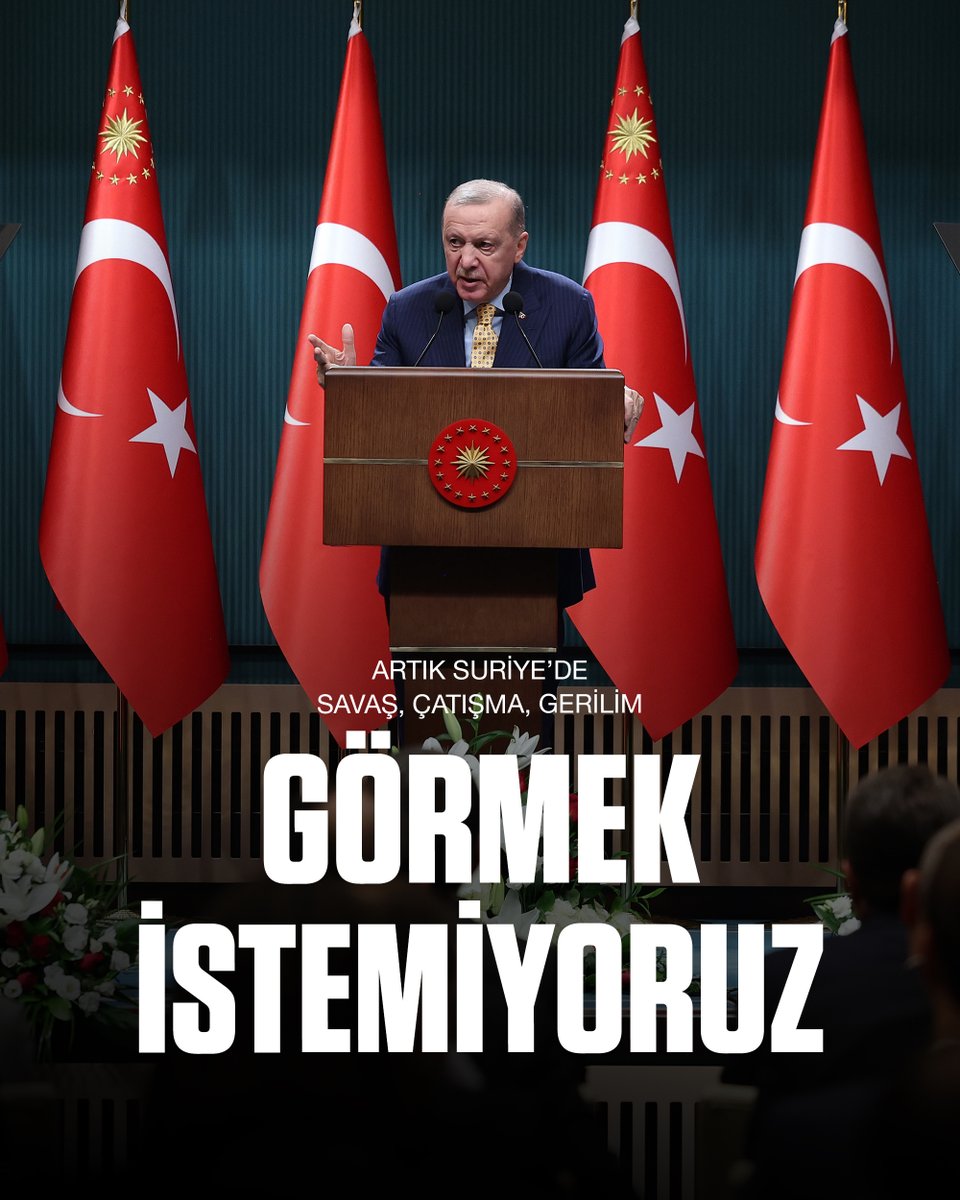 RTErdogan's tweet image. Biz Suriye başta olmak üzere coğrafyamızın hiçbir köşesinde artık savaş, çatışma, gerilim görmek istemiyoruz.
      
Yer altı, yer üstü zenginliklerimizin artık savaş baronlarının ceplerine akmasını istemiyoruz.

Kardeşlerimiz açlıkla, kıtlıkla, yoksullukla boğuşurken “bir damla…