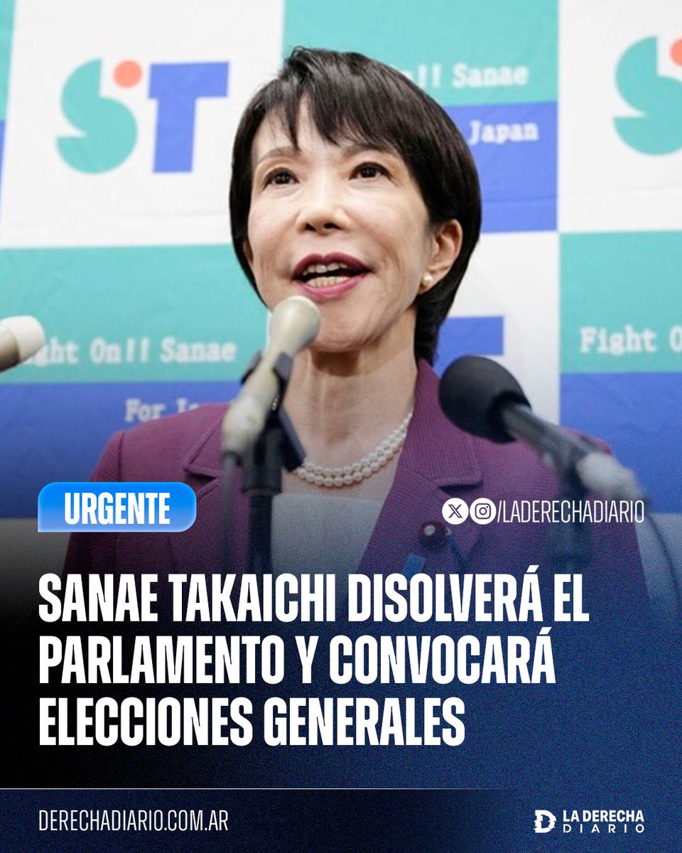 🚨🇯🇵 | La primera ministra de Japón, Sanae Takaichi, anunció que disolverá el Parlamento este viernes y convocará a elecciones con el objetivo de obtener una mayoría parlamentaria para blindar su mandato y consolidar su agenda contra el globalismo y la inmigración masiva.
