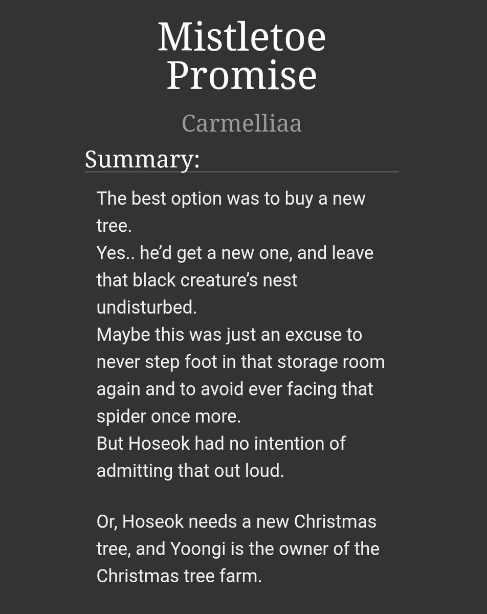 Mistletoe Promise #sope

🎄One shot (29k)
🎄Soft Rom-Com, Christmas Fluff, Cozy, Second Chances
🎄 Written for <a href="/SopeSecretSanta/">Sope Secret Santa</a>
🎄 Gifted to <a href="/jayhobiie/">Layla⁷ 💚ミ</a> 

📎archiveofourown.org/works/75237406