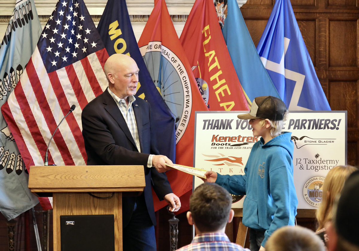RMEF's tweet image. RMEF is proud to sponsor Montana’s annual youth hunting story contest and was at the state capitol when @GovGianforte honored the winners.➡️rmef.org/media/young-mo…