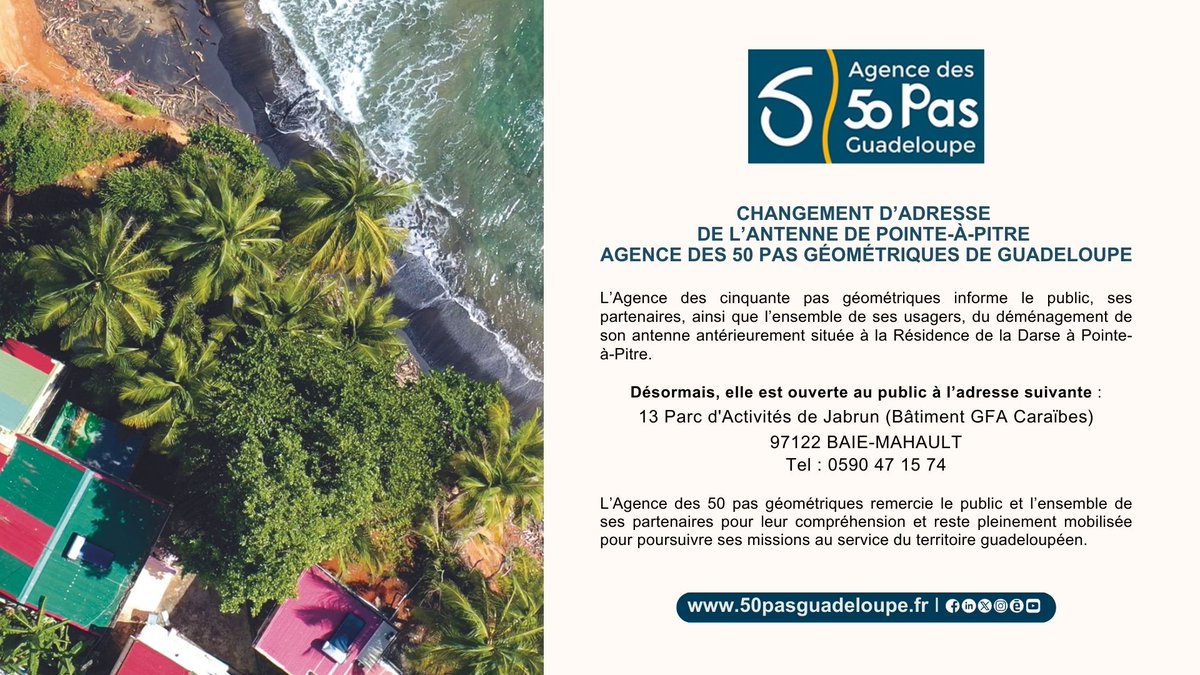 L’antenne de Pointe-à-Pitre de l’Agence des 50 pas géométriques est désormais ouverte au public, à la nouvelle adresse suivante :  
📫13 Parc d'Activités de Jabrun (Bâtiment GFA Caraïbes) 97122 BAIE-MAHAULT Tel : 0590 47 15 74 📷waze.com/fr/live-map/di…