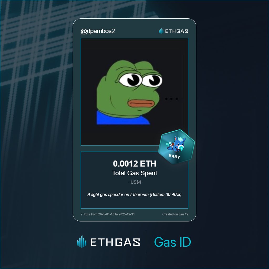 Discovered my Gas ID via ETHGas - turning my gas spend into rewards 🫘

As a Baby Jack, I've spent 0.0012 ETH on gas but earned 1 Beans back.

Get your Gas ID and Beans here: ethgas.com/community/gas-…